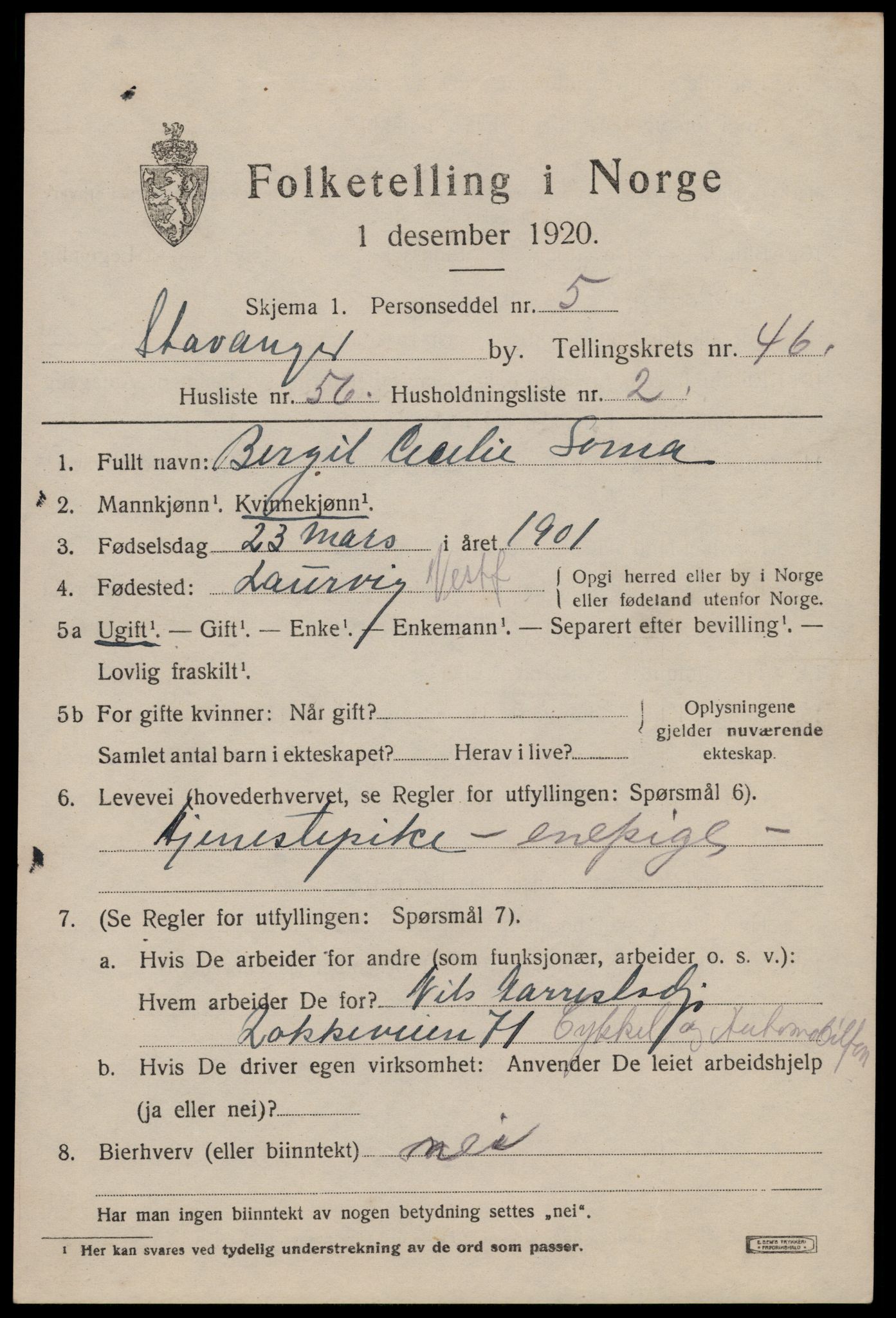 SAST, 1920 census for Stavanger, 1920, p. 113258