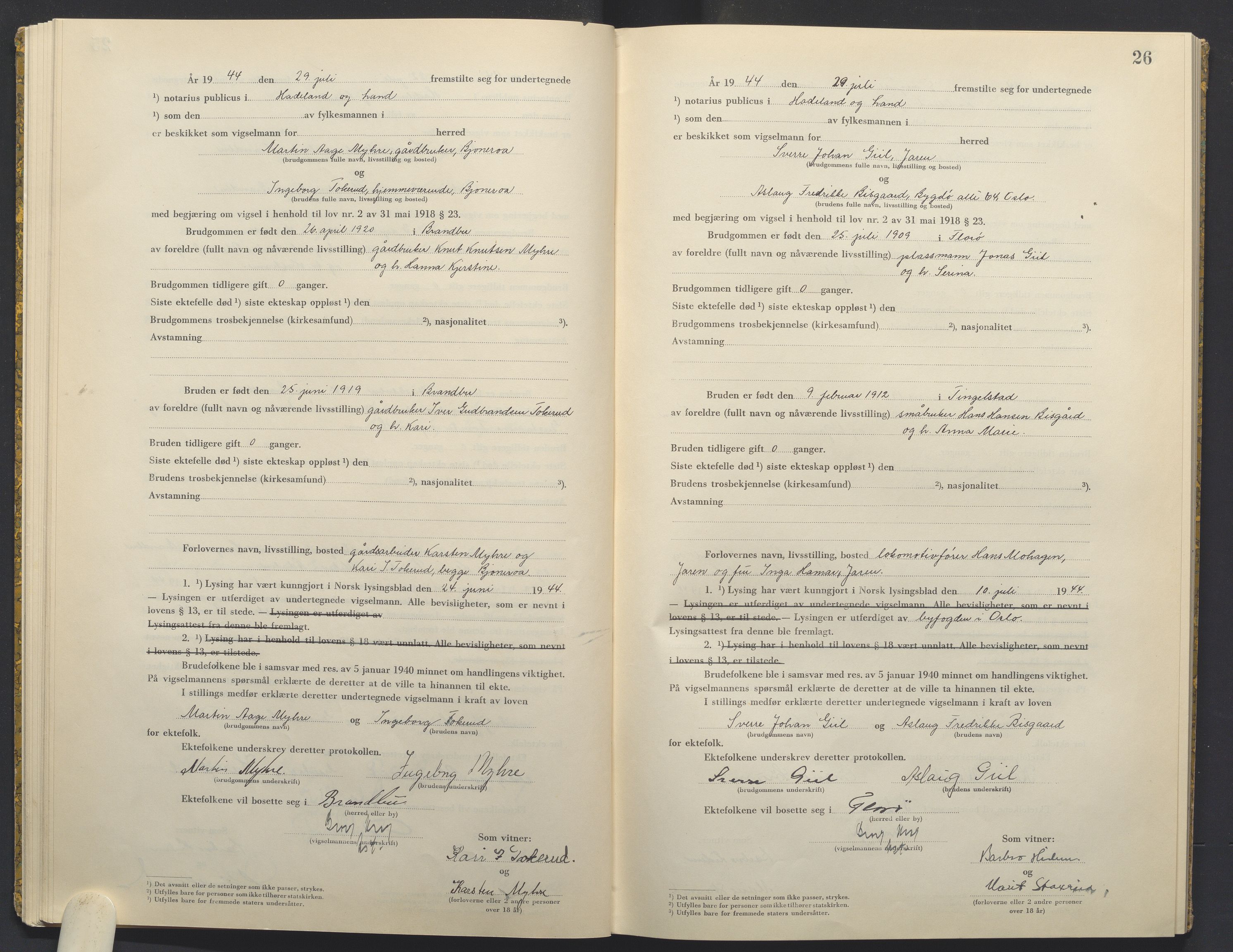 Hadeland og Land tingrett, AV/SAH-TING-010/L/Lb/L0003: Vigselbok, 1944-1946, p. 26