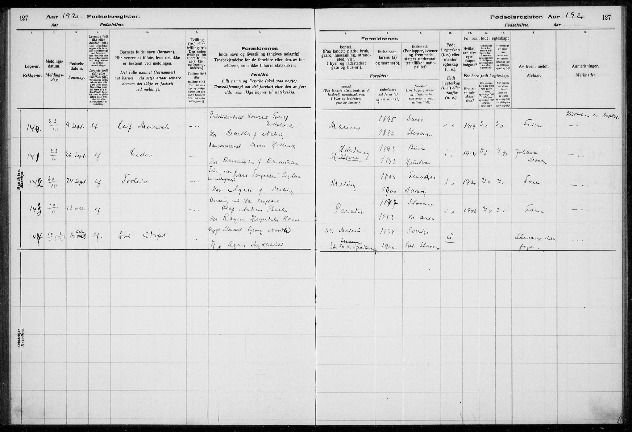 Hetland sokneprestkontor, AV/SAST-A-101826/70/704BA/L0003: Birth register no. 1, 1916-1923, p. 127