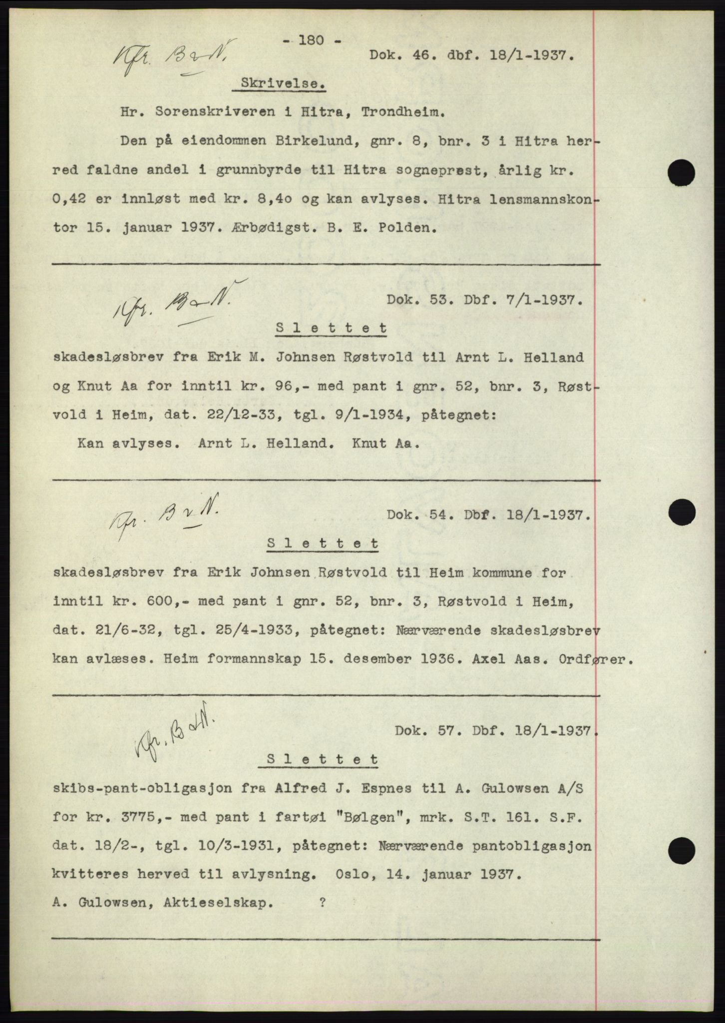 Hitra sorenskriveri, AV/SAT-A-0018/2/2C/2Ca: Mortgage book no. C1, 1936-1945, Diary no: : 46/1937