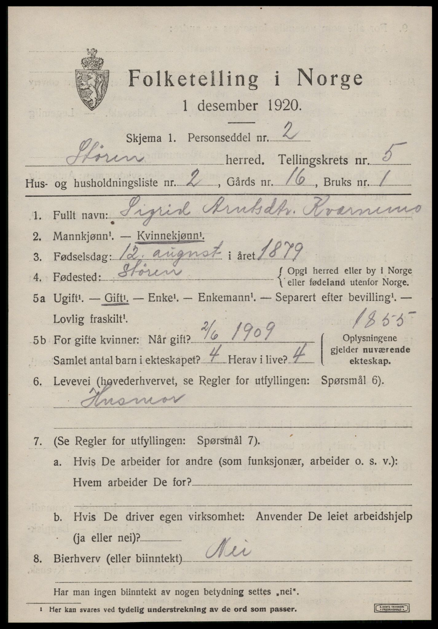 SAT, 1920 census for Støren, 1920, p. 3468