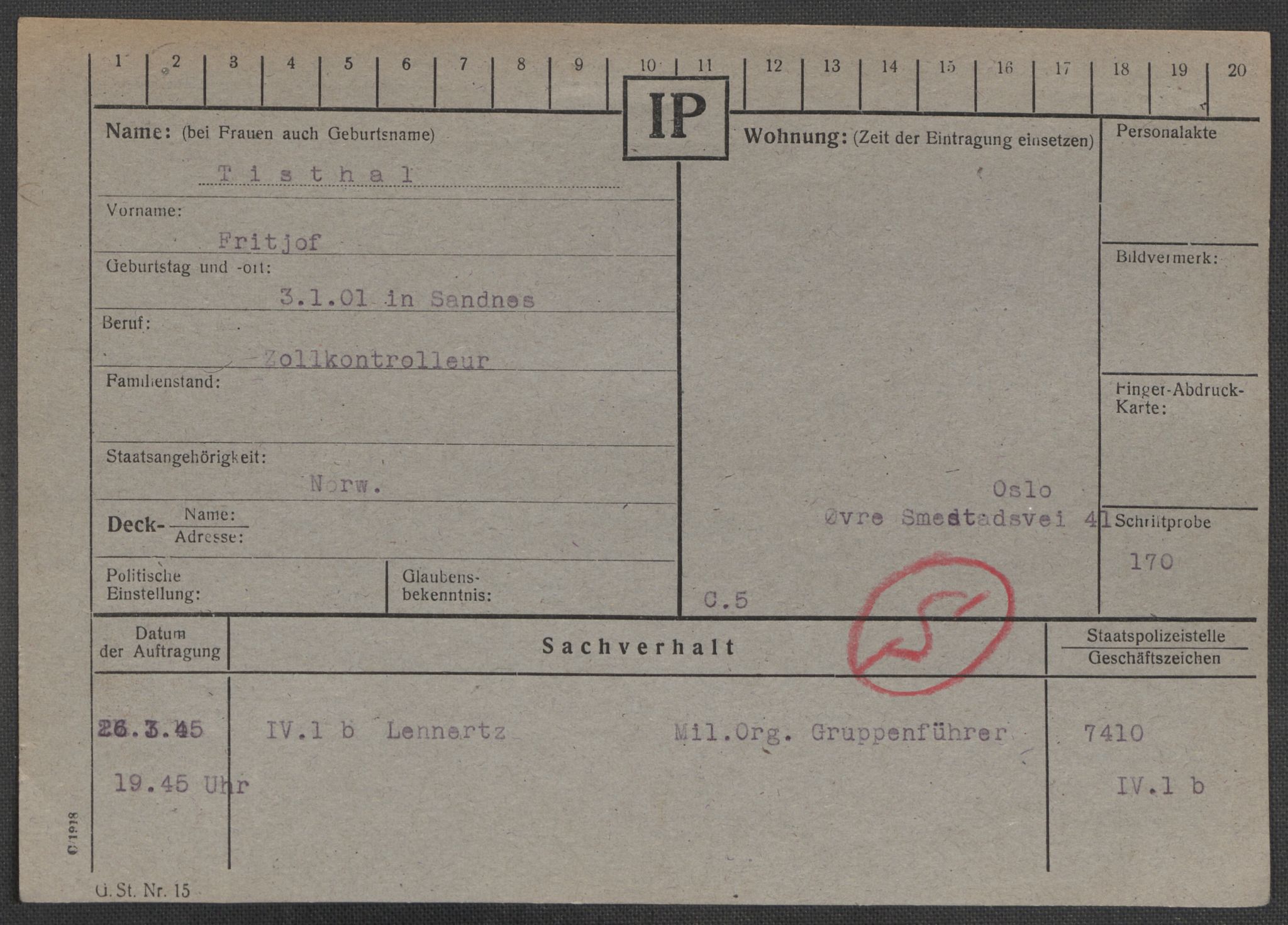 Befehlshaber der Sicherheitspolizei und des SD, AV/RA-RAFA-5969/E/Ea/Eaa/L0010: Register over norske fanger i Møllergata 19: Sø-Å, 1940-1945, p. 388