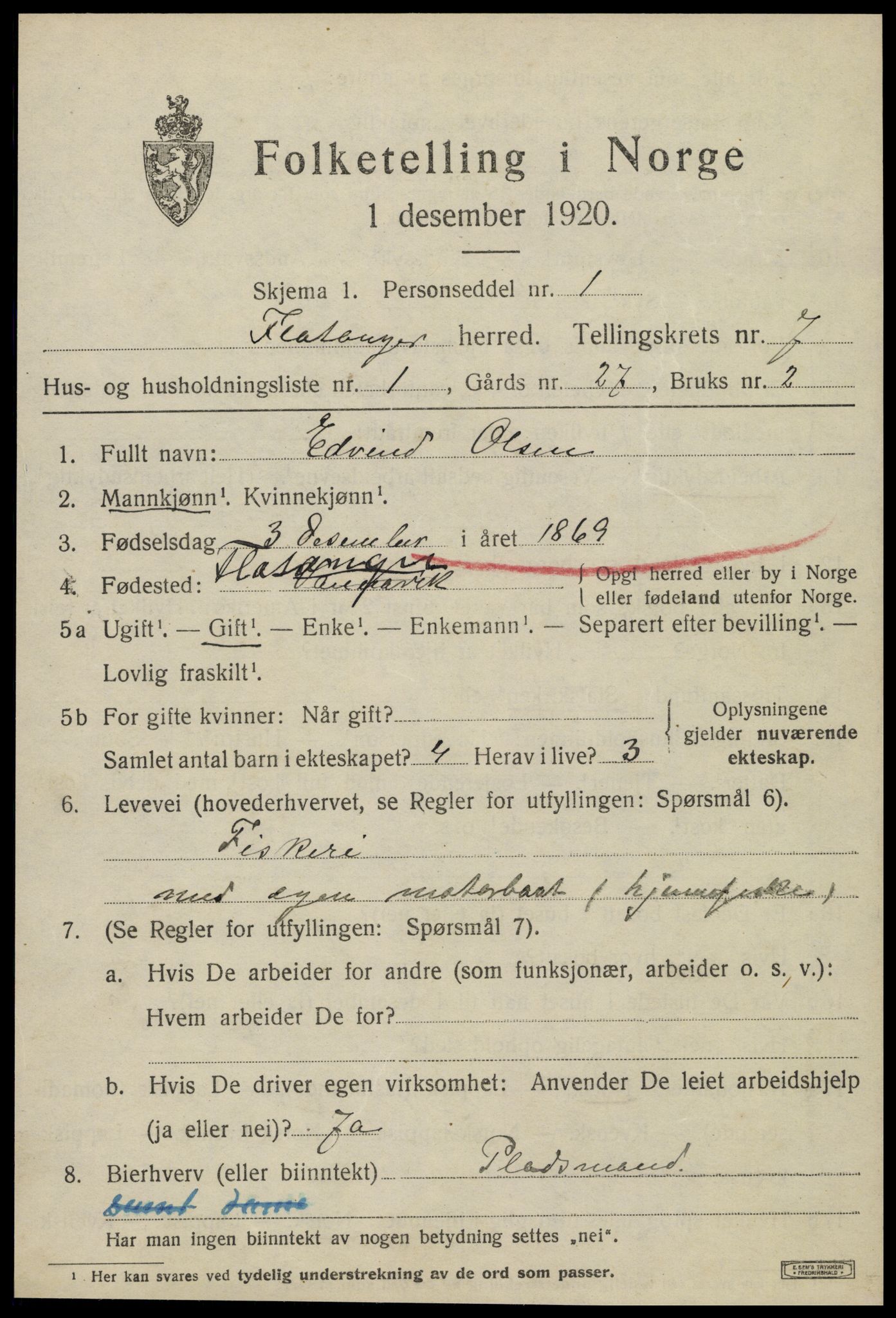 SAT, 1920 census for Flatanger, 1920, p. 3216