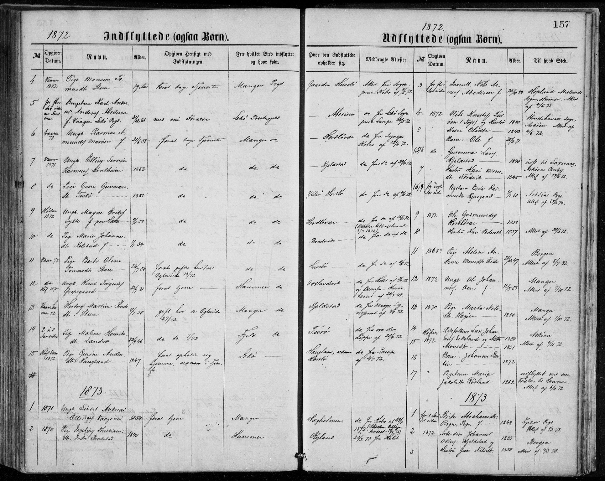 Herdla Sokneprestembete, AV/SAB-A-75701/H/Haa: Parish register (official) no. A 2, 1869-1877, p. 157