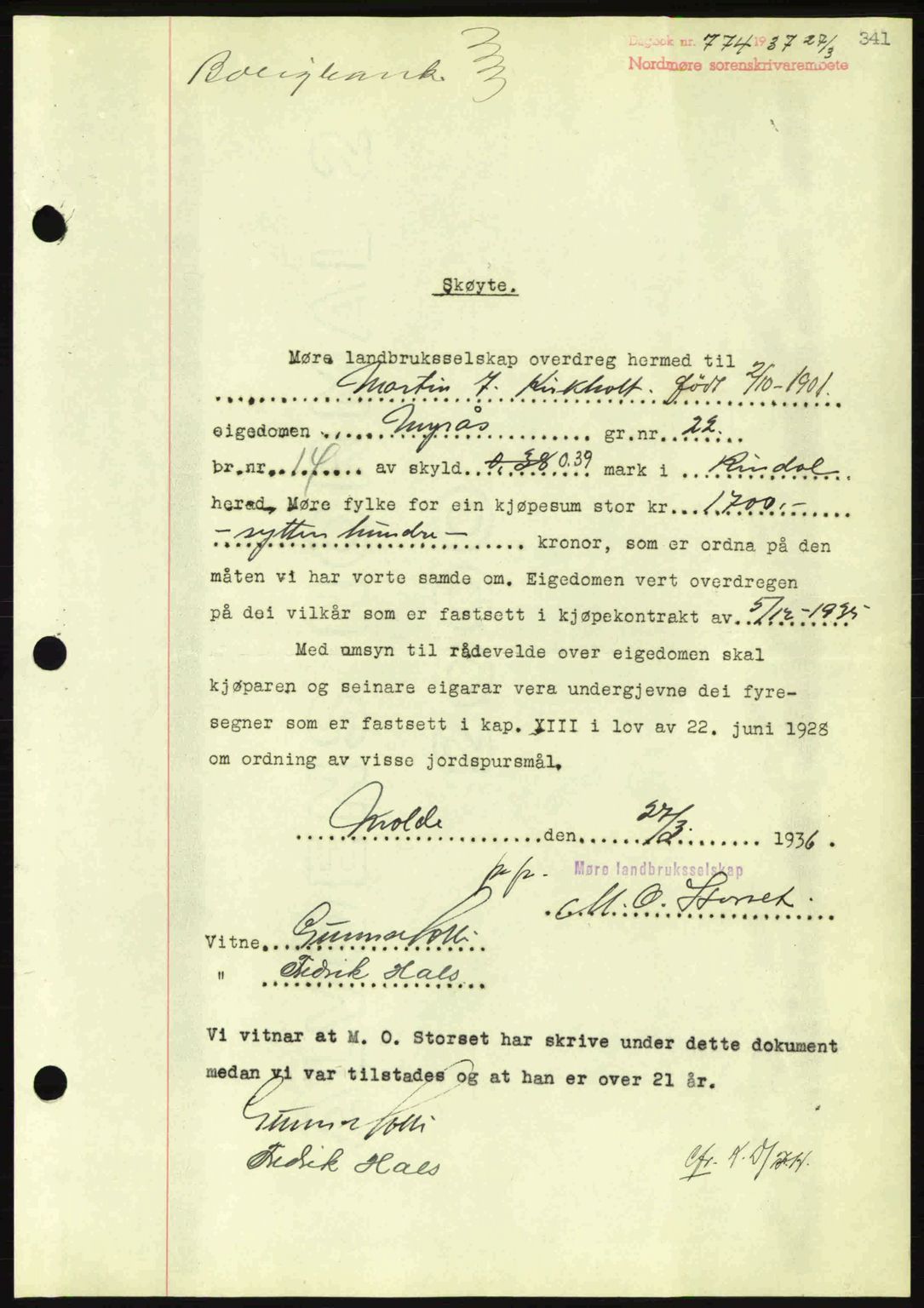 Nordmøre sorenskriveri, AV/SAT-A-4132/1/2/2Ca: Mortgage book no. A81, 1937-1937, Diary no: : 774/1937