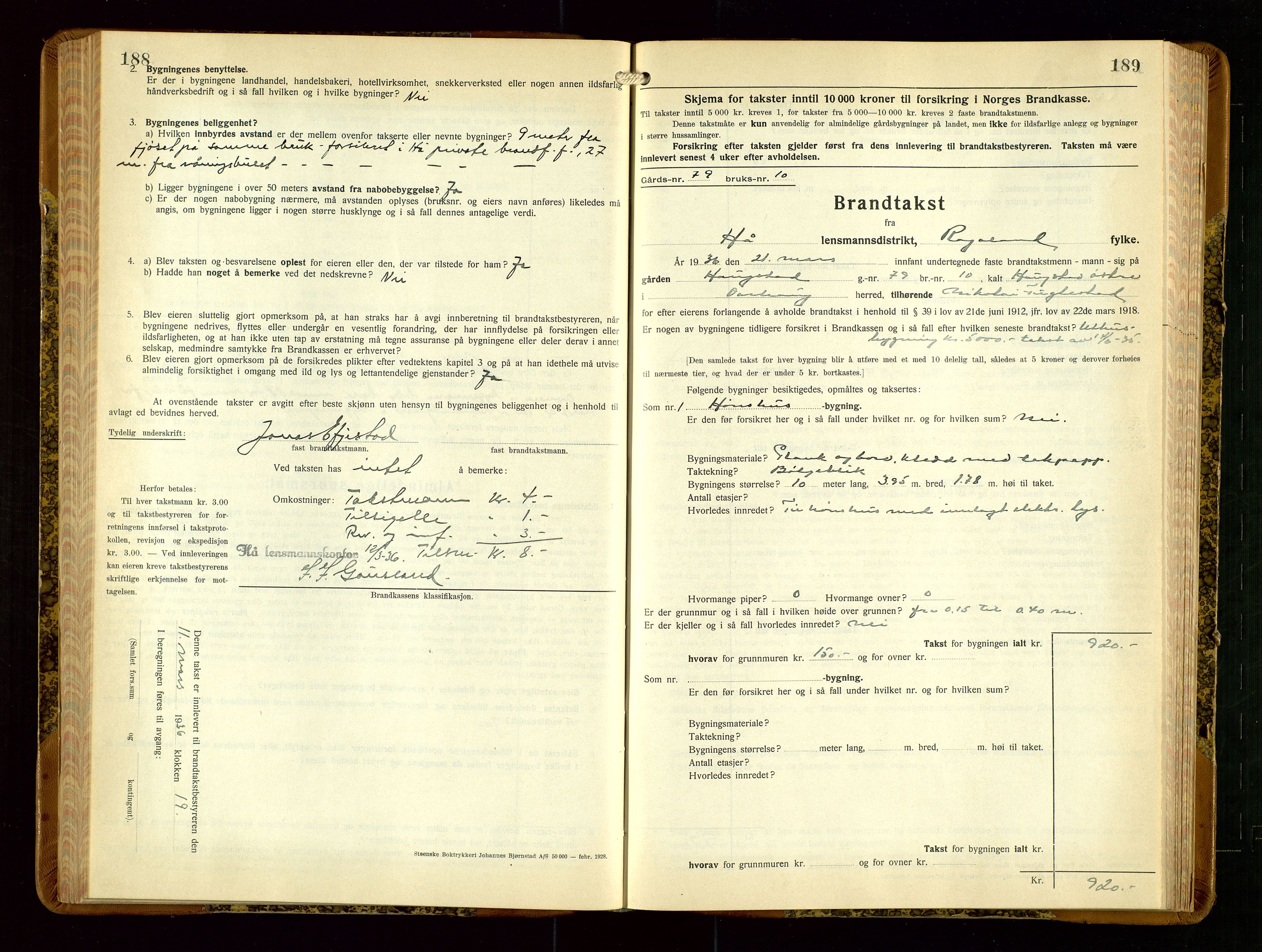 Hå lensmannskontor, AV/SAST-A-100456/Goa/L0006: Takstprotokoll (skjema), 1932-1938, p. 188-189