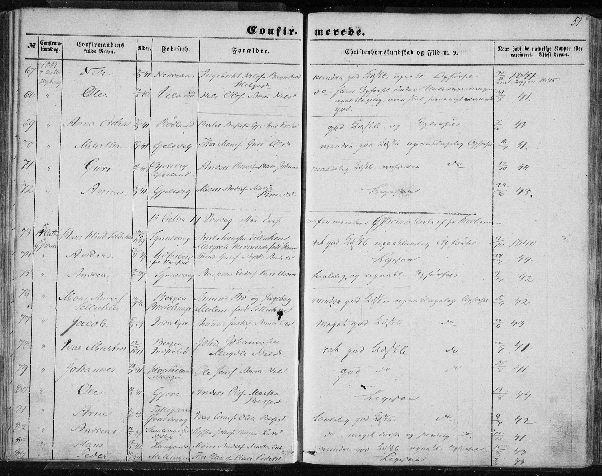 Lindås Sokneprestembete, SAB/A-76701/H/Haa: Parish register (official) no. A 13, 1848-1862, p. 51