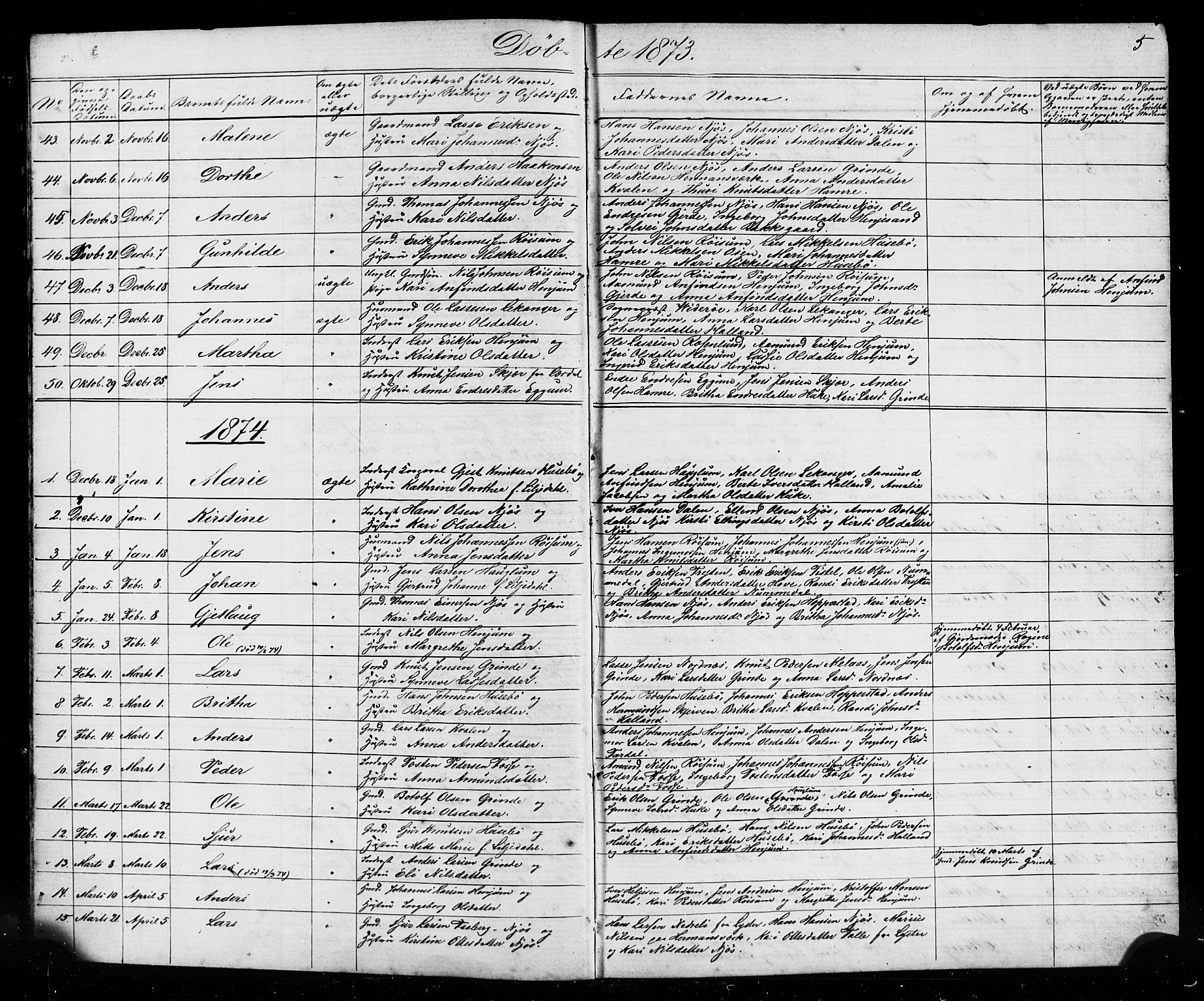 Leikanger sokneprestembete, SAB/A-81001: Parish register (copy) no. A 1, 1873-1916, p. 5