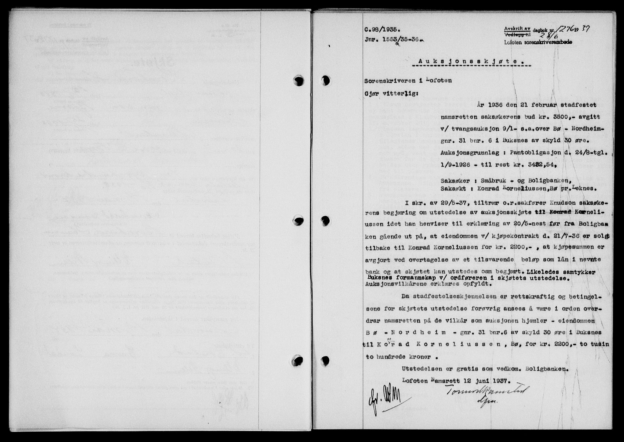Lofoten sorenskriveri, SAT/A-0017/1/2/2C/L0002a: Mortgage book no. 2a, 1937-1937, Diary no: : 1276/1937