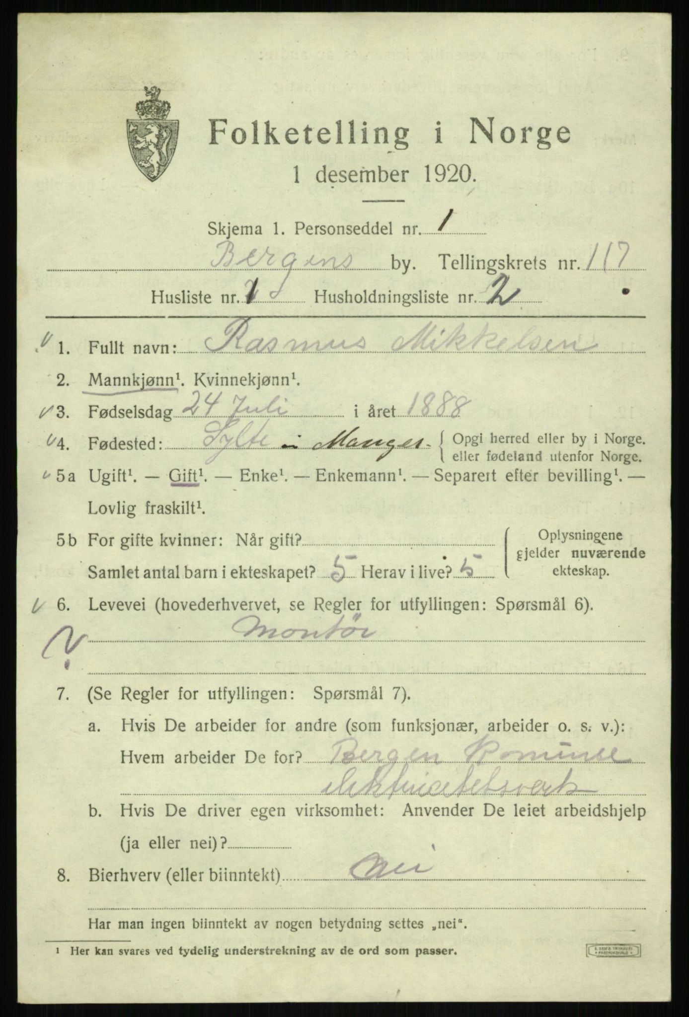 SAB, 1920 census for Bergen, 1920, p. 197749