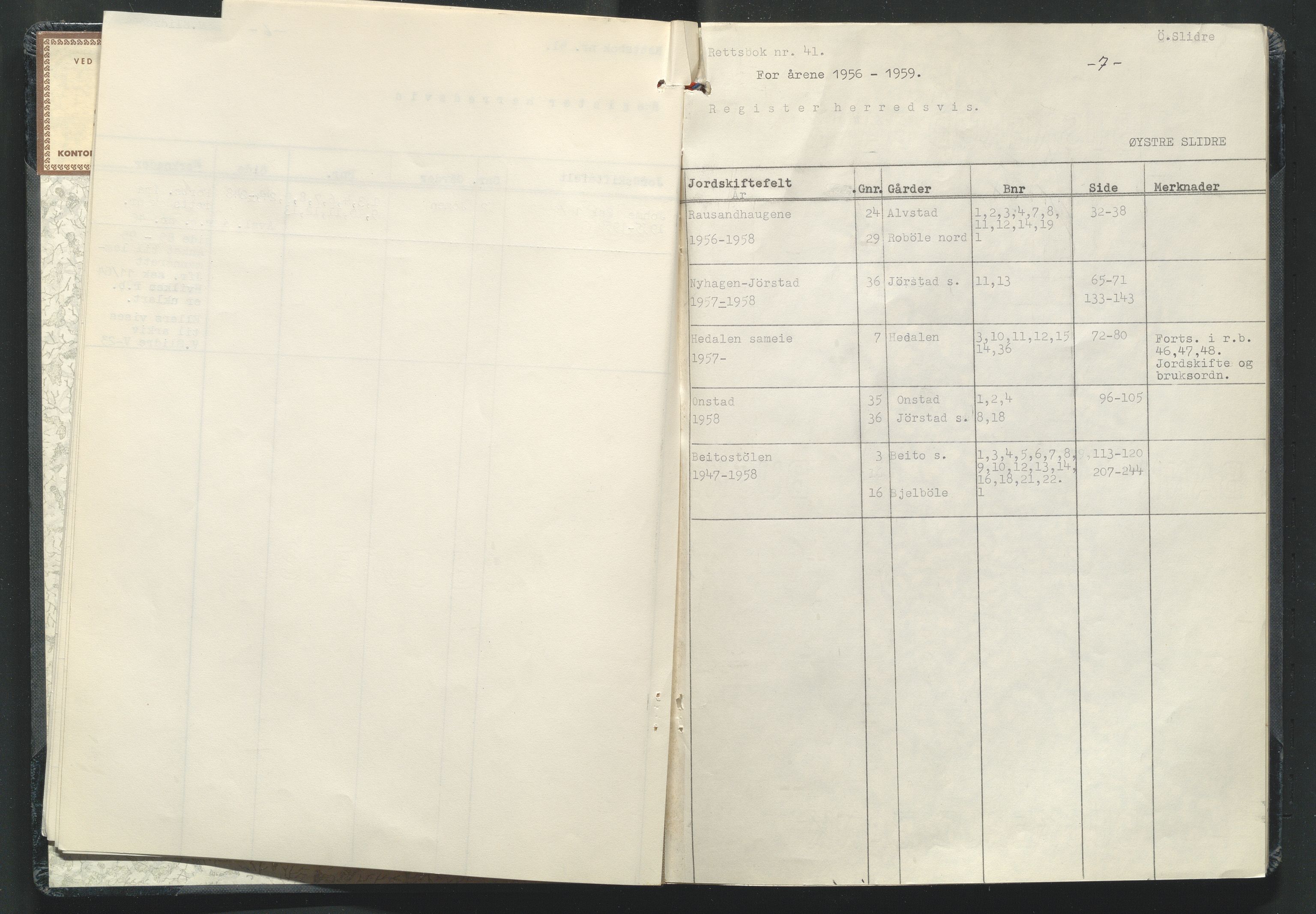 Valdres jordskifterett, SAH/JORDSKIFTEO-003/G/Ga/L0003/0002: Rettsbøker / Rettsbok - protokoll nr. 41, 1956-1959