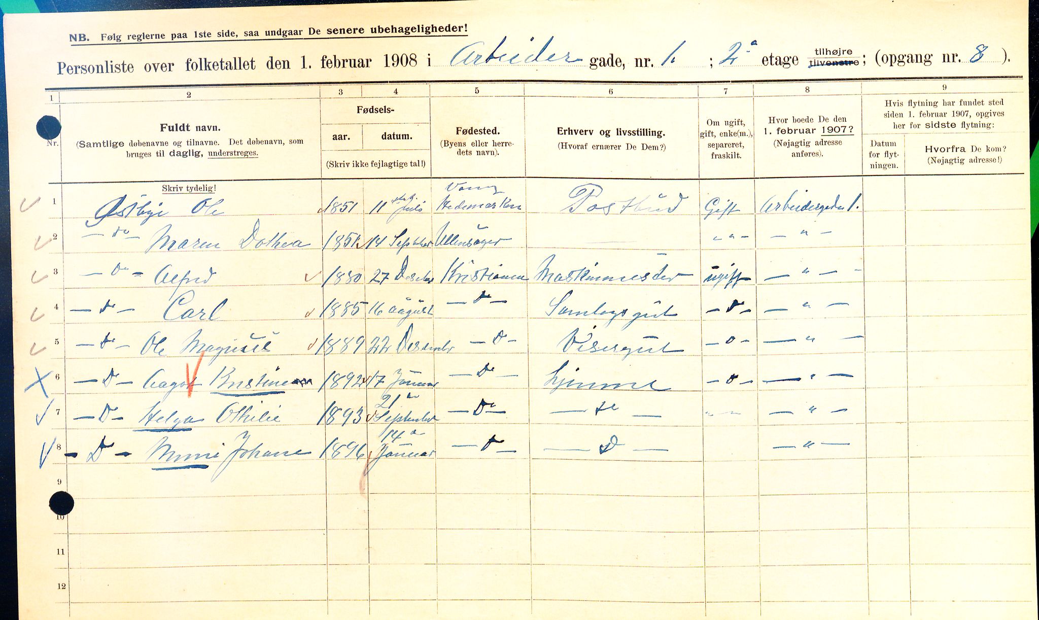 OBA, Municipal Census 1908 for Kristiania, 1908, p. 1634