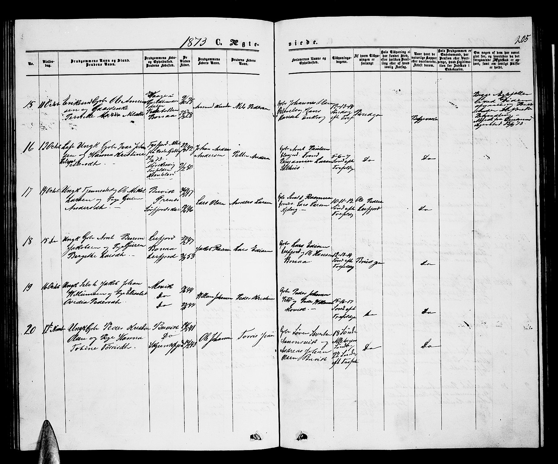 Ministerialprotokoller, klokkerbøker og fødselsregistre - Nordland, AV/SAT-A-1459/853/L0775: Parish register (copy) no. 853C03, 1859-1877, p. 205