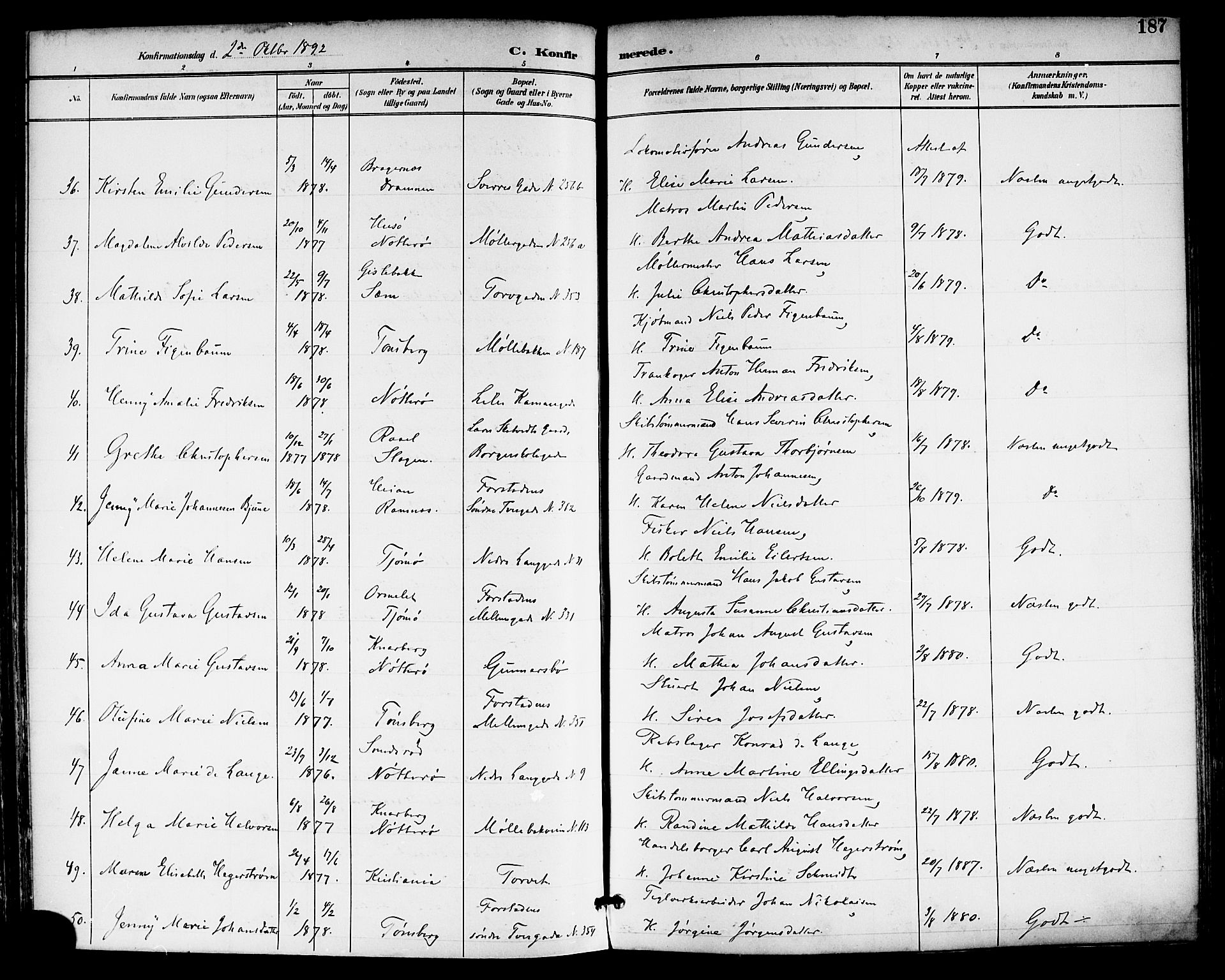 Tønsberg kirkebøker, AV/SAKO-A-330/F/Fa/L0012: Parish register (official) no. I 12, 1891-1899, p. 187