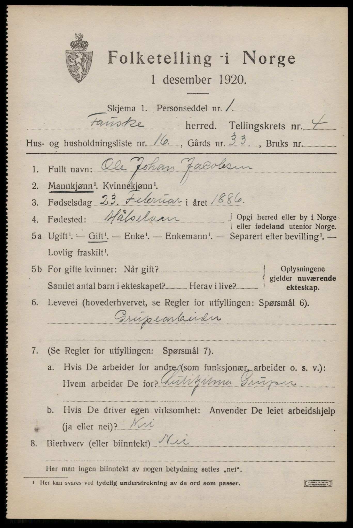 SAT, 1920 census for Fauske, 1920, p. 4676