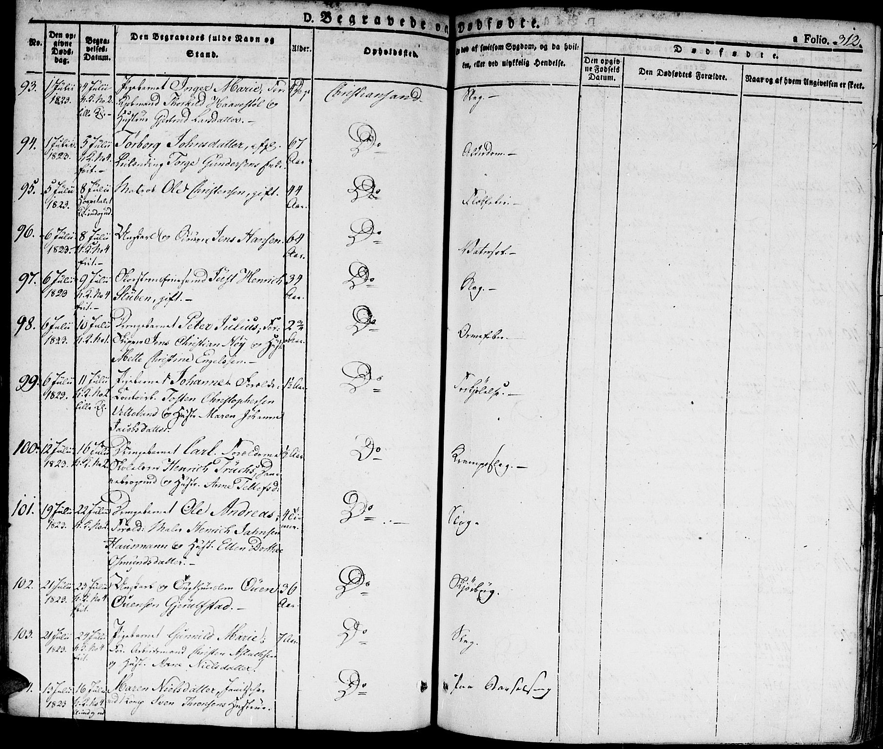 Kristiansand domprosti, SAK/1112-0006/F/Fa/L0009: Parish register (official) no. A 9, 1821-1827, p. 312