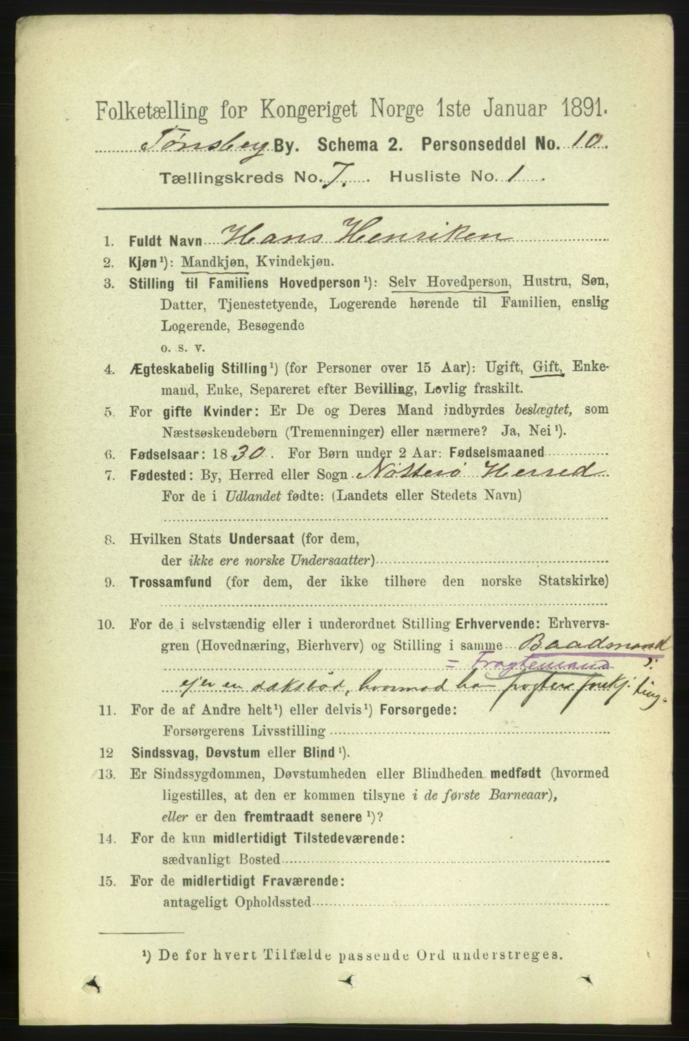 RA, 1891 census for 0705 Tønsberg, 1891, p. 2724