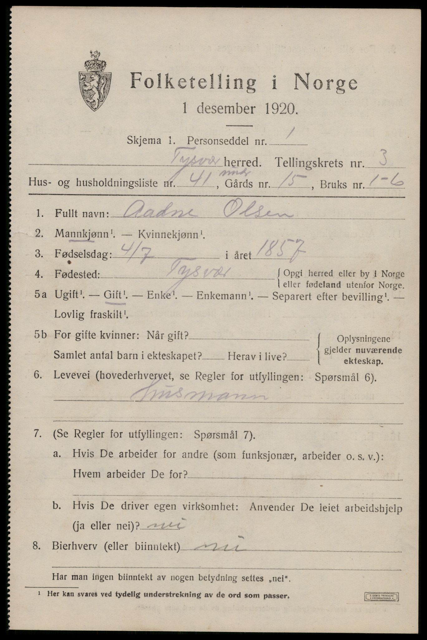SAST, 1920 census for Tysvær, 1920, p. 1678