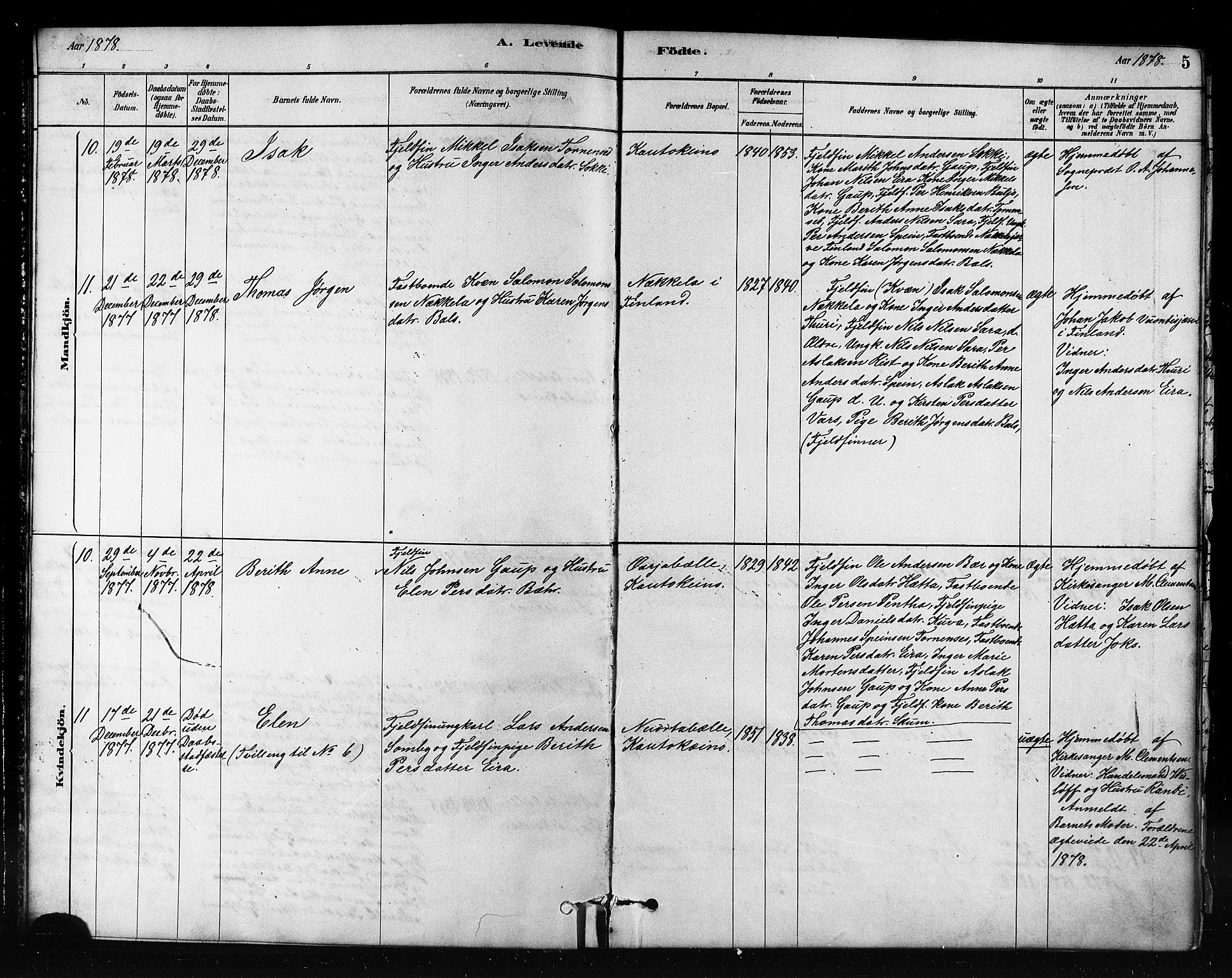 Kautokeino sokneprestembete, SATØ/S-1340/H/Hb/L0002.klokk: Parish register (copy) no. 2, 1877-1896, p. 5