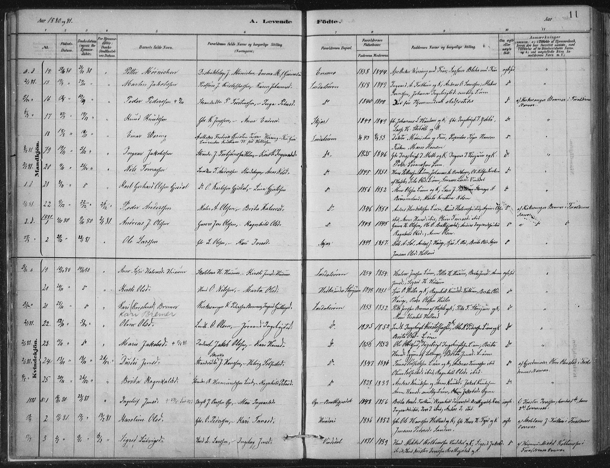 Lærdal sokneprestembete, SAB/A-81201: Parish register (official) no. D  1, 1878-1908, p. 11