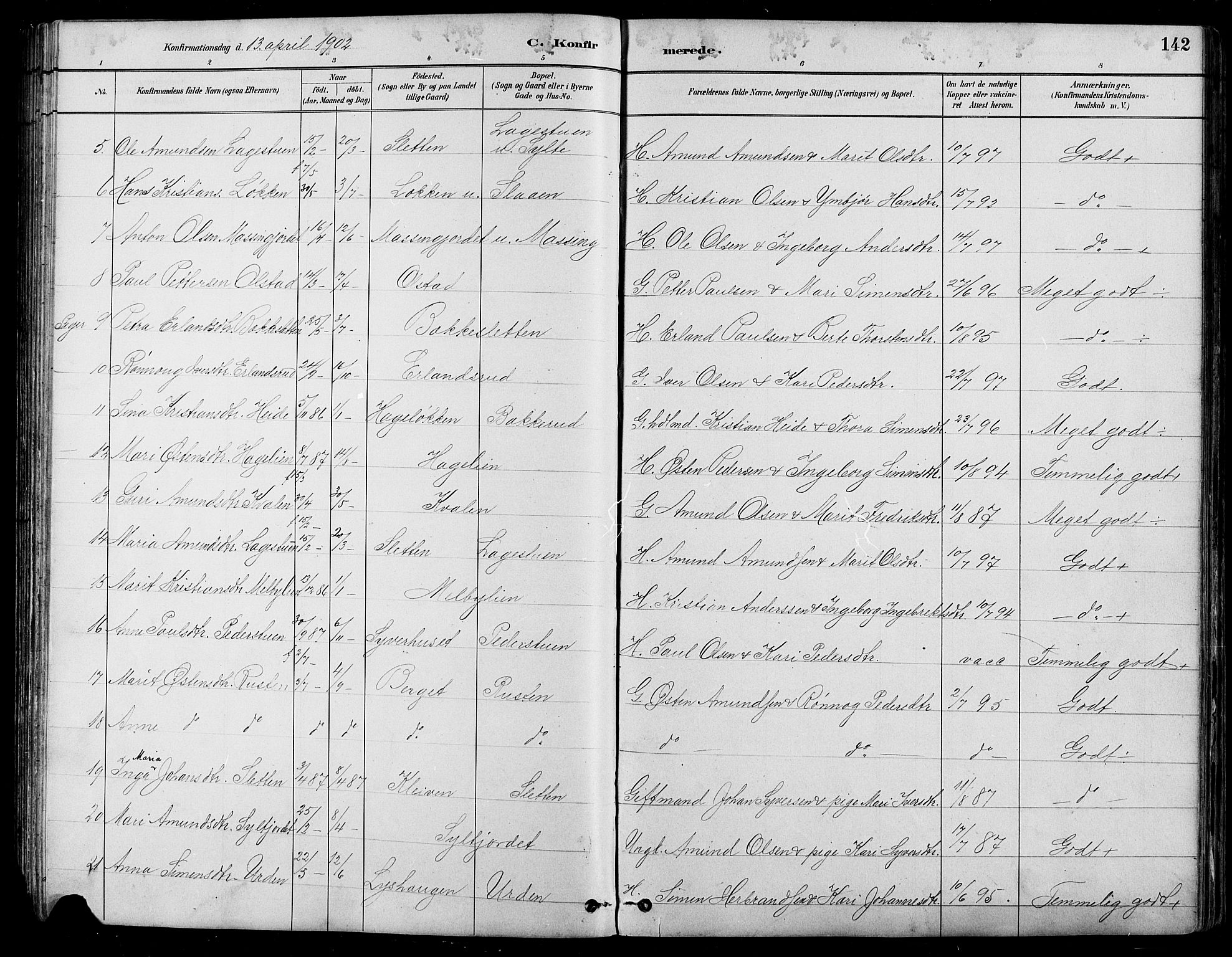 Nord-Fron prestekontor, SAH/PREST-080/H/Ha/Hab/L0005: Parish register (copy) no. 5, 1884-1914, p. 142