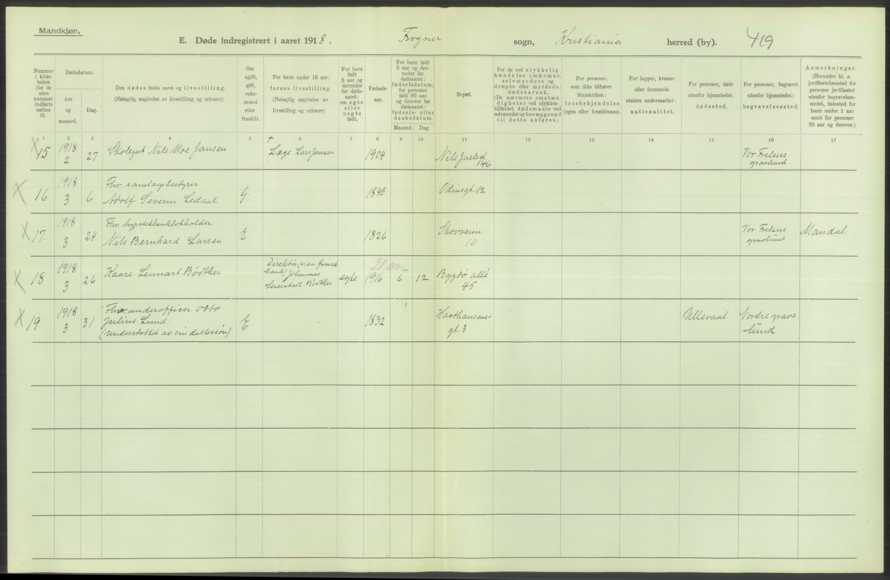 Statistisk sentralbyrå, Sosiodemografiske emner, Befolkning, RA/S-2228/D/Df/Dfb/Dfbh/L0010: Kristiania: Døde, 1918, p. 82