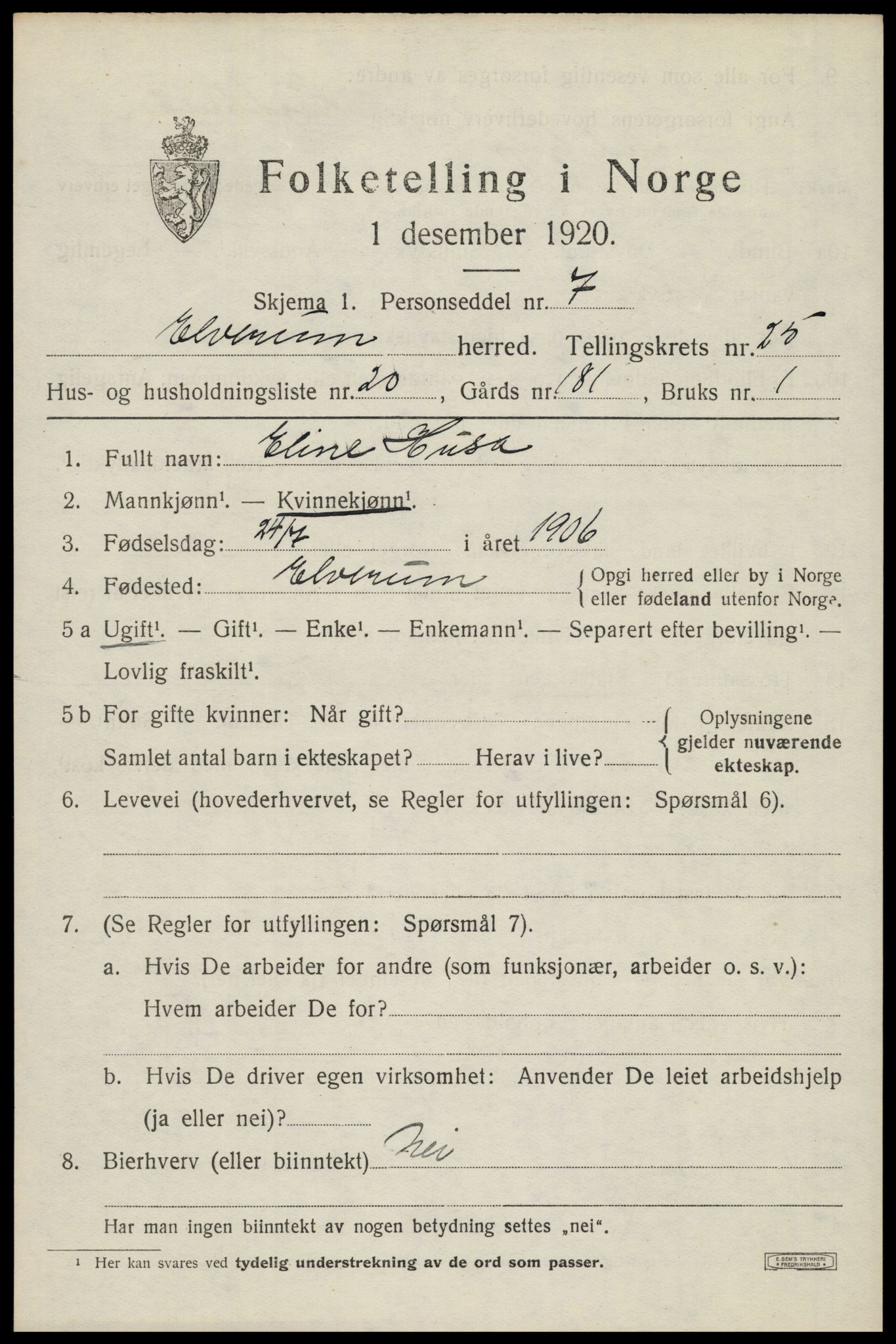 SAH, 1920 census for Elverum, 1920, p. 26450