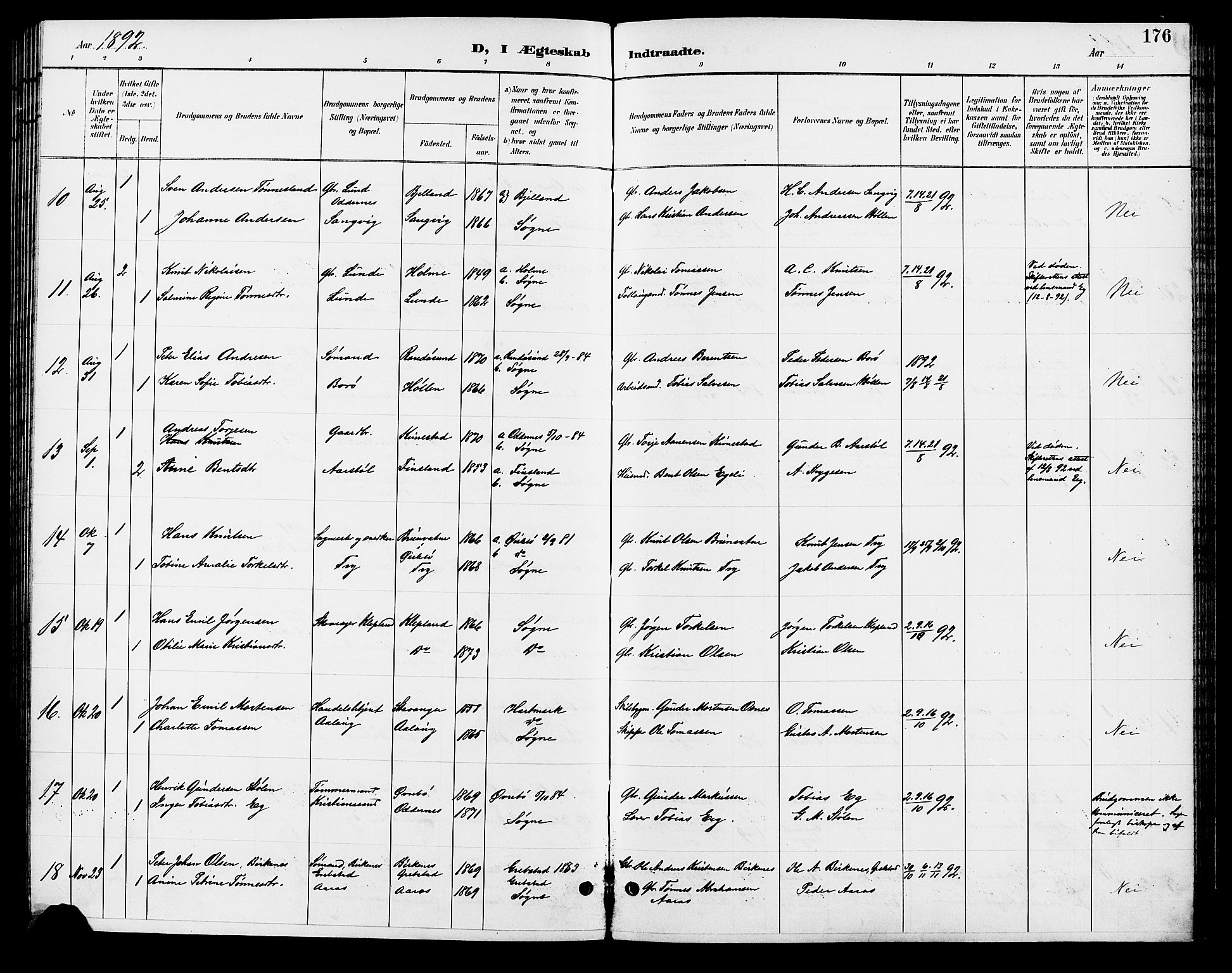 Søgne sokneprestkontor, SAK/1111-0037/F/Fb/Fbb/L0006: Parish register (copy) no. B 6, 1892-1911, p. 176