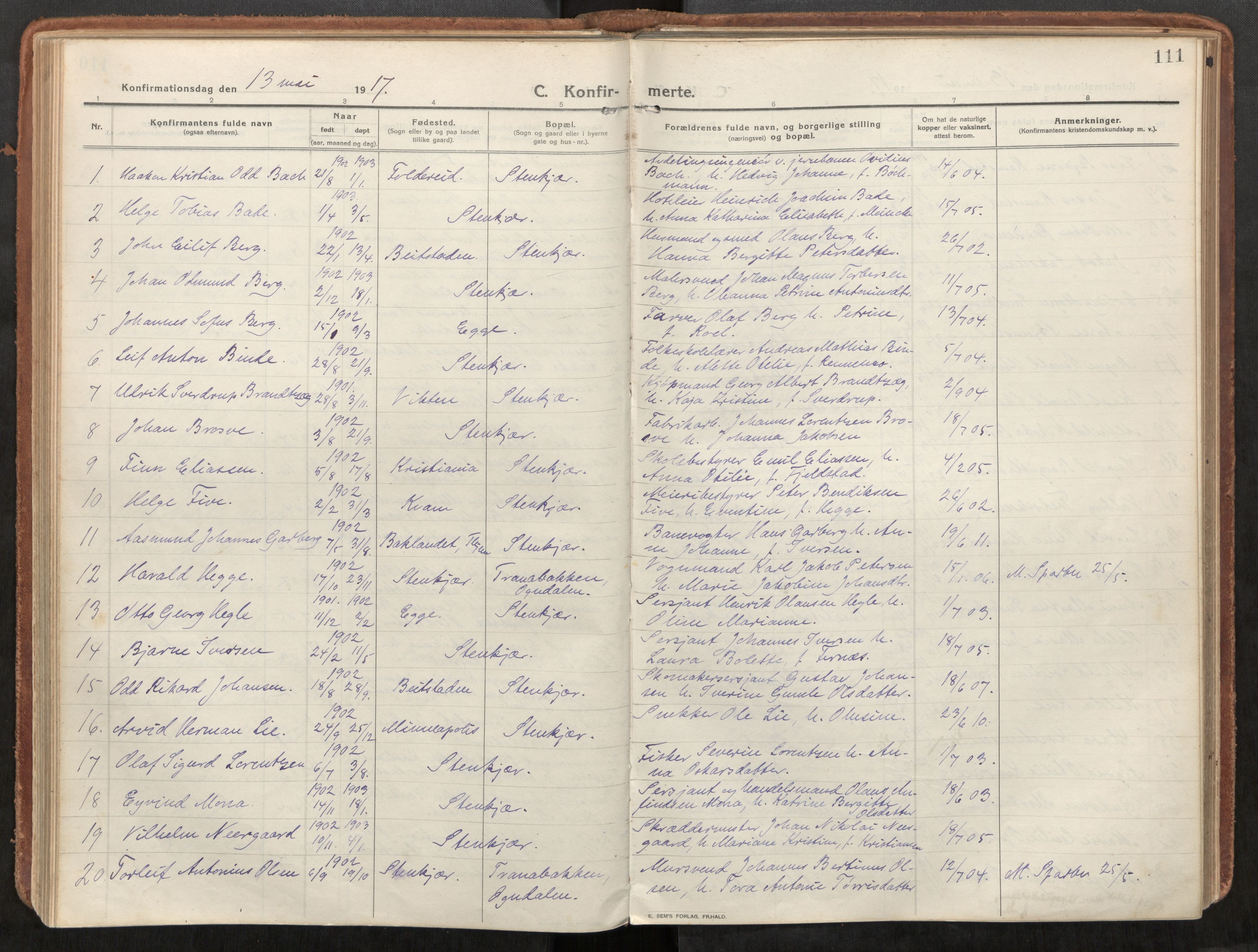 Steinkjer sokneprestkontor, AV/SAT-A-1541/01/H/Ha/Haa/L0003: Parish register (official) no. 3, 1913-1922, p. 111