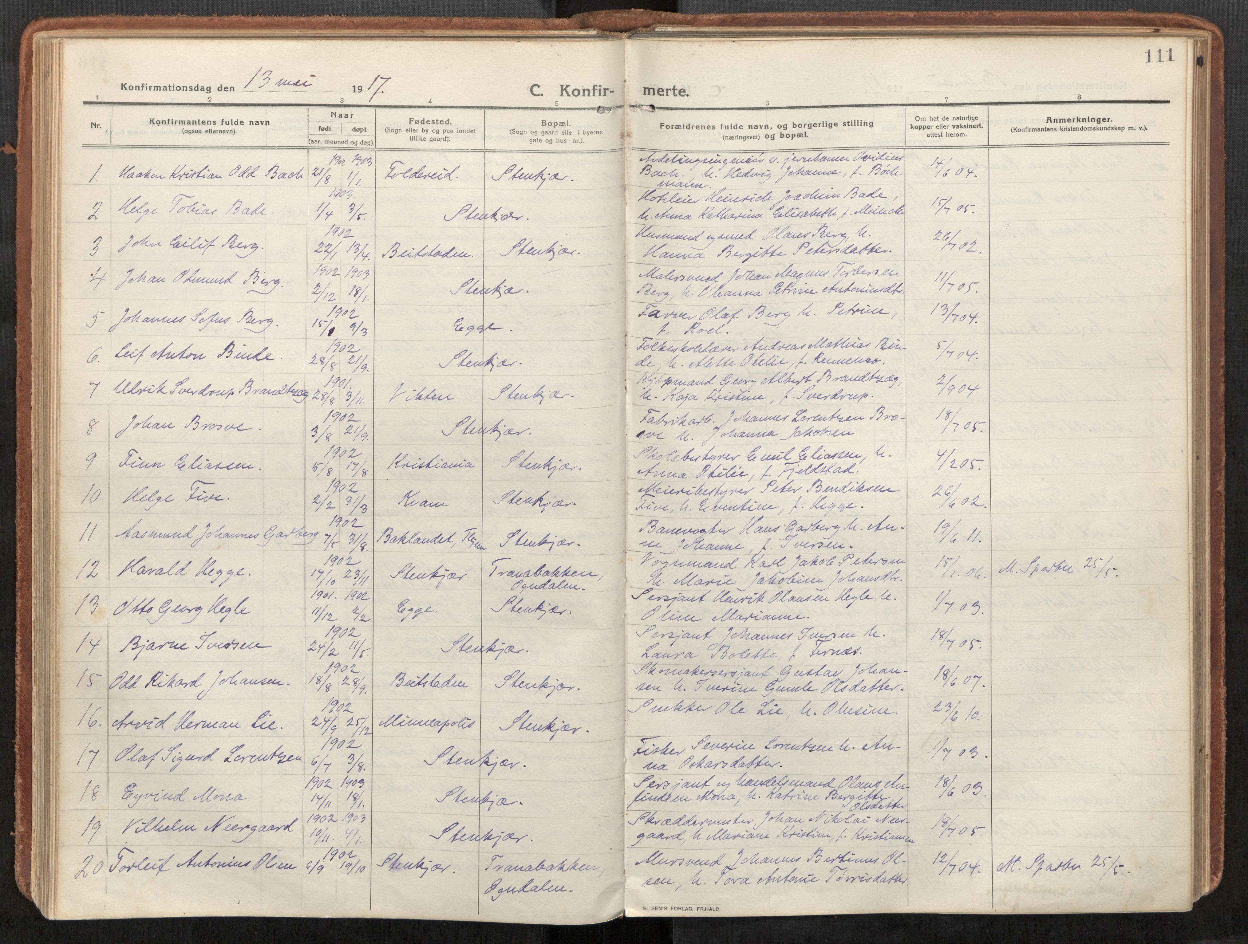 Steinkjer sokneprestkontor, SAT/A-1541/01/H/Ha/Haa/L0003: Parish register (official) no. 3, 1913-1922, p. 111