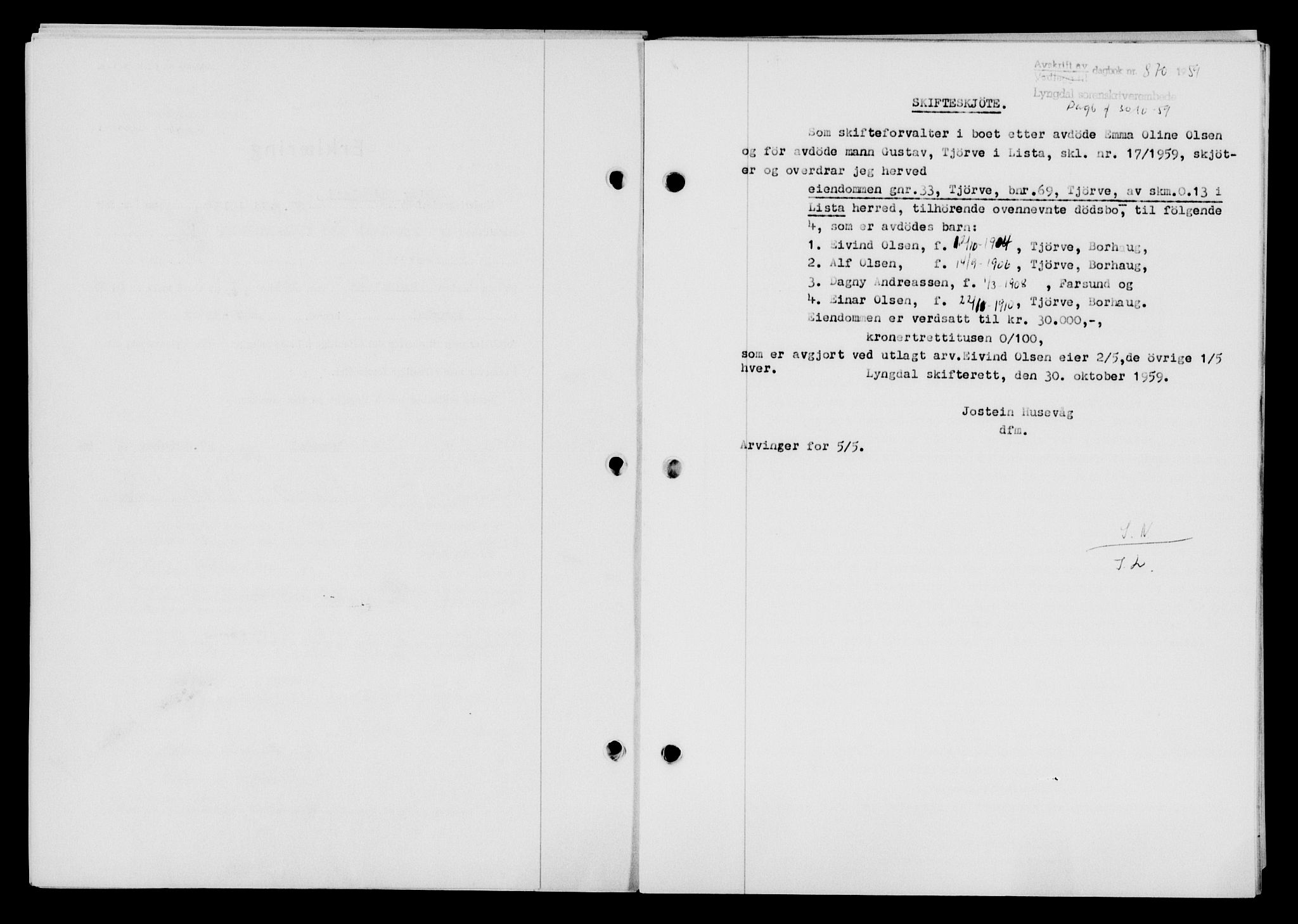 Lyngdal sorenskriveri, AV/SAK-1221-0004/G/Gb/L0679: Mortgage book no. A XXV, 1959-1960, Diary no: : 870/1959