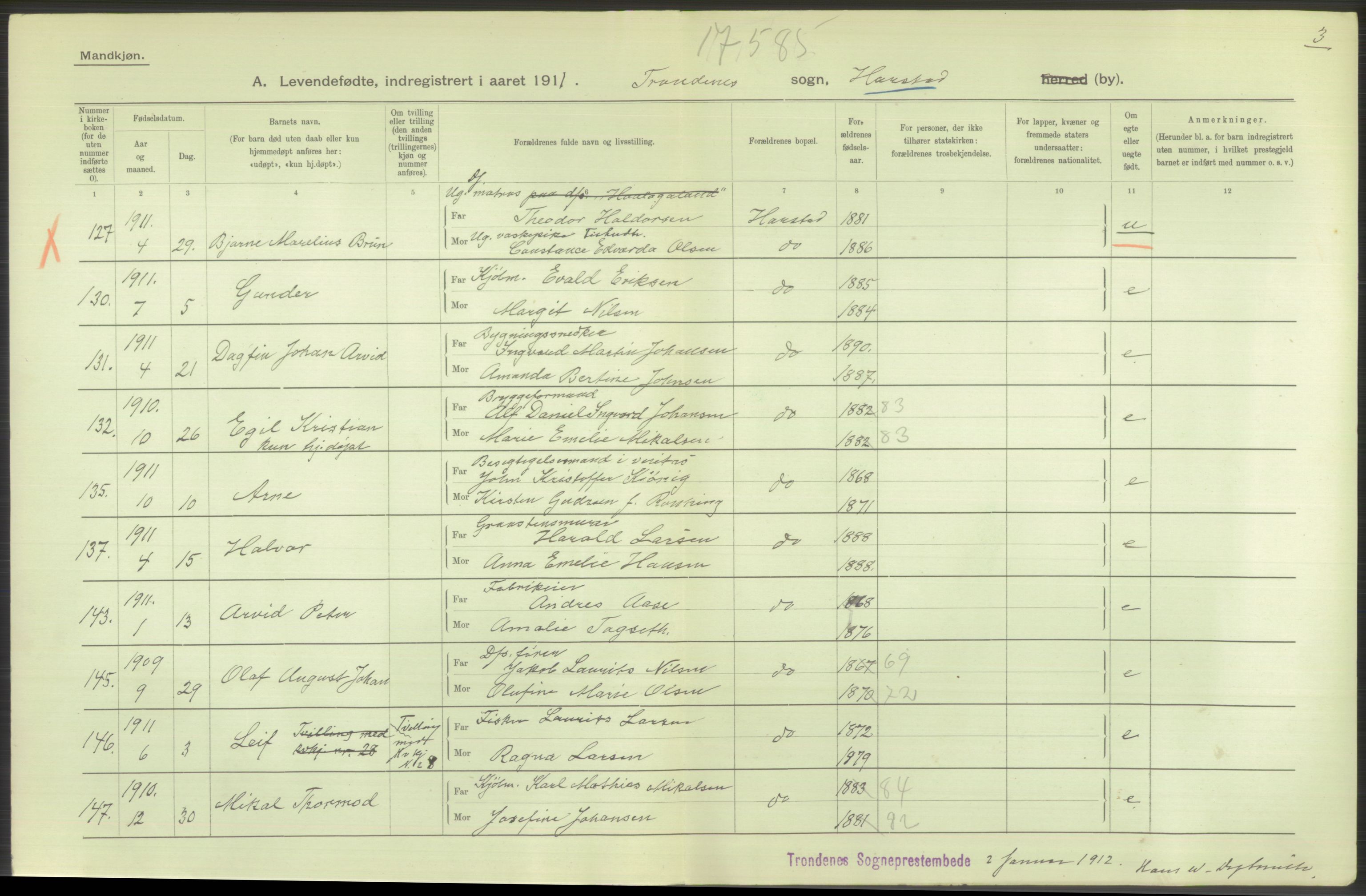 Statistisk sentralbyrå, Sosiodemografiske emner, Befolkning, AV/RA-S-2228/D/Df/Dfb/Dfba/L0047: Tromsø amt:  Levendefødte menn og kvinner. Bygder og byer., 1911, p. 58