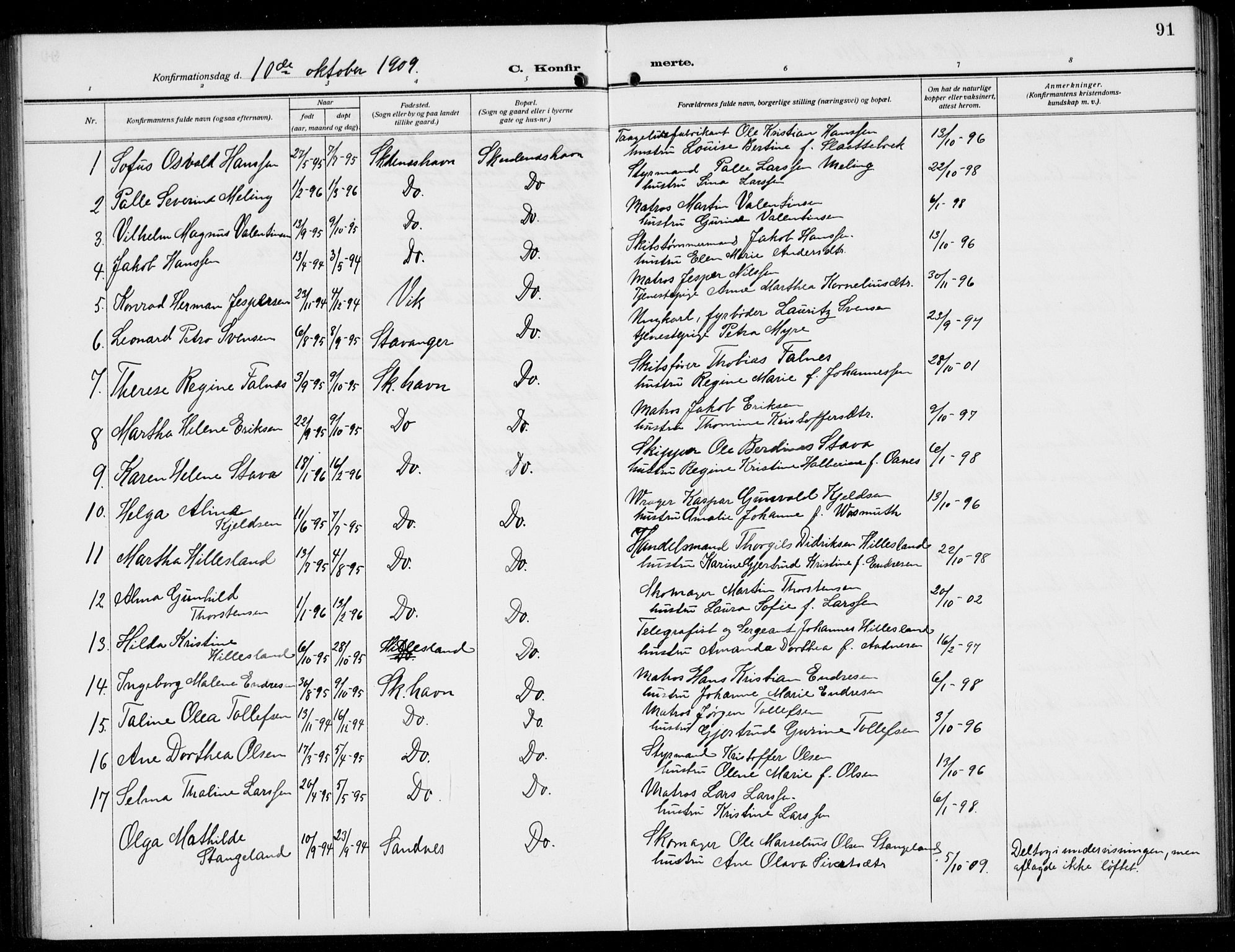 Skudenes sokneprestkontor, AV/SAST-A -101849/H/Ha/Hab/L0010: Parish register (copy) no. B 10, 1908-1936, p. 91