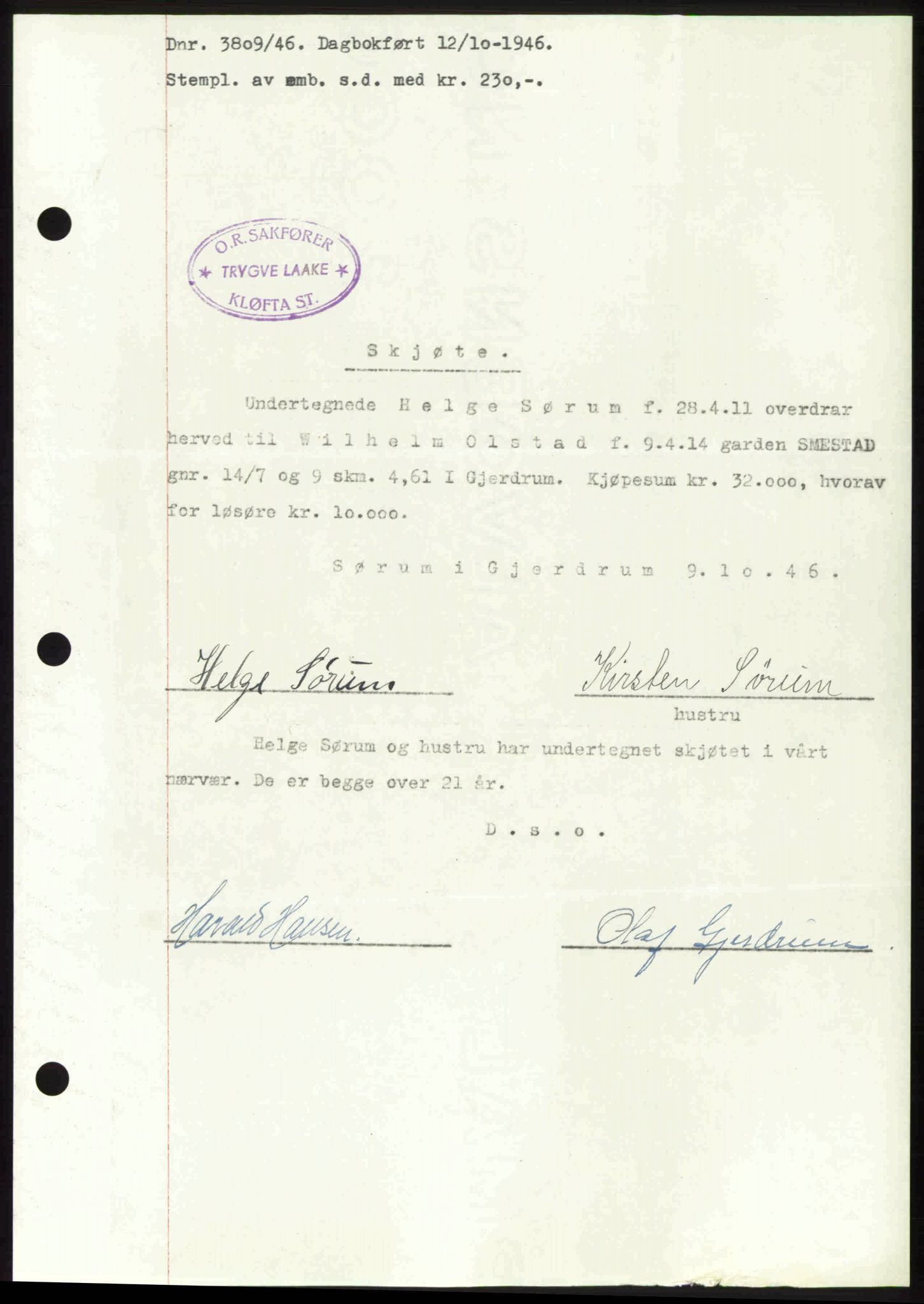 Nedre Romerike sorenskriveri, AV/SAO-A-10469/G/Gb/Gbd/L0017: Mortgage book no. 17, 1946-1946, Diary no: : 3809/1946