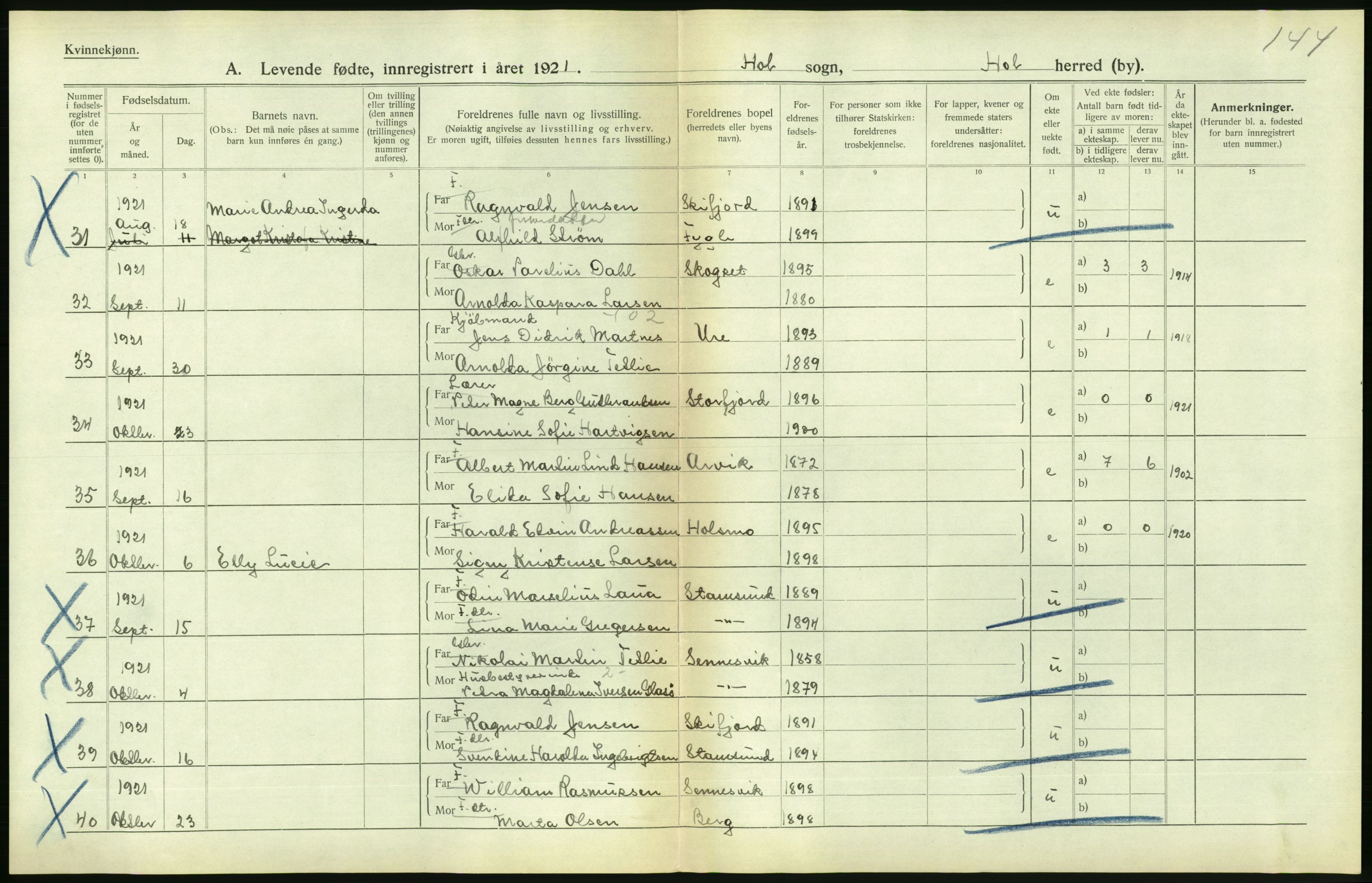 Statistisk sentralbyrå, Sosiodemografiske emner, Befolkning, AV/RA-S-2228/D/Df/Dfc/Dfca/L0049: Nordland fylke: Levendefødte menn og kvinner. Bygder., 1921, p. 352