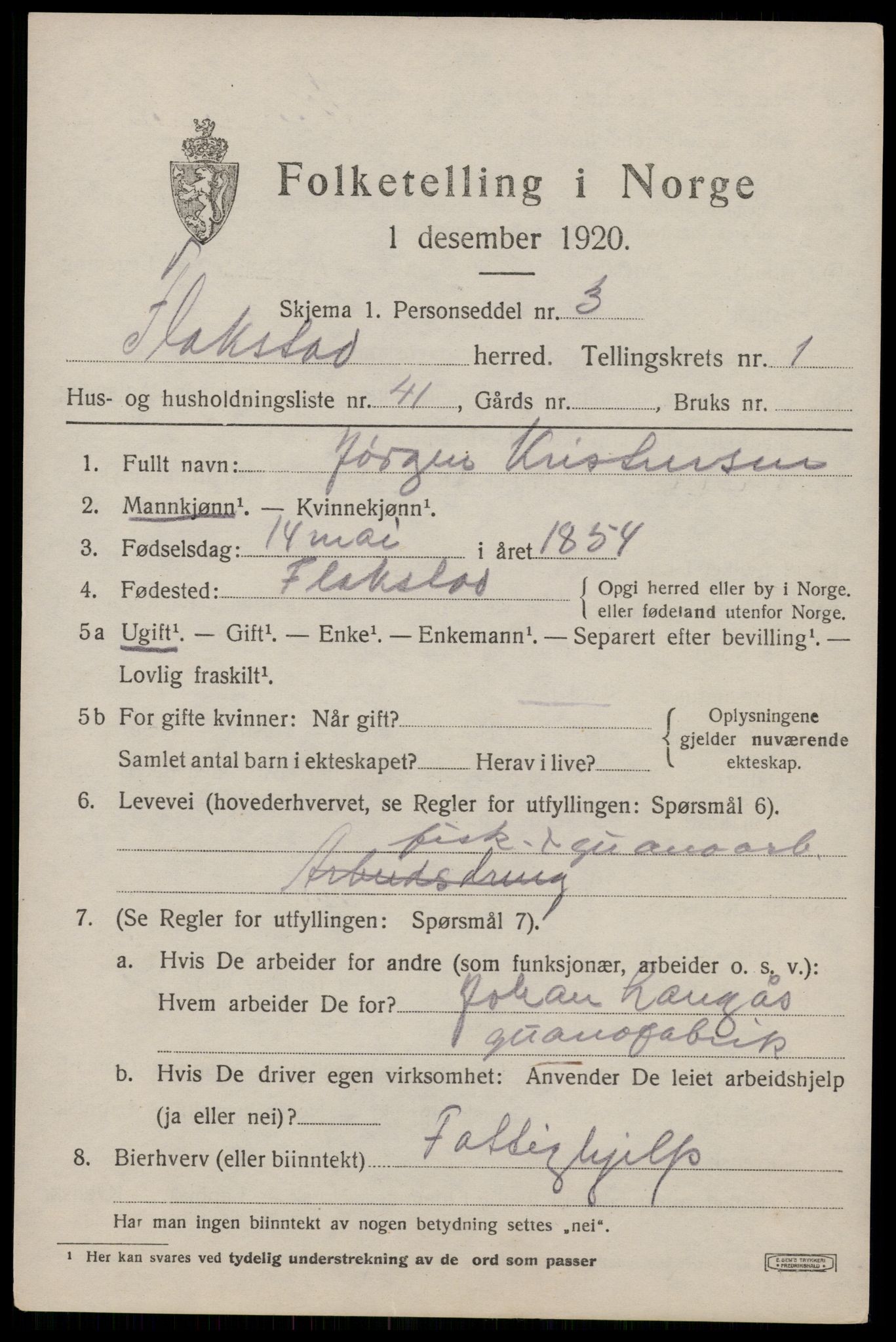 SAT, 1920 census for Flakstad, 1920, p. 1043