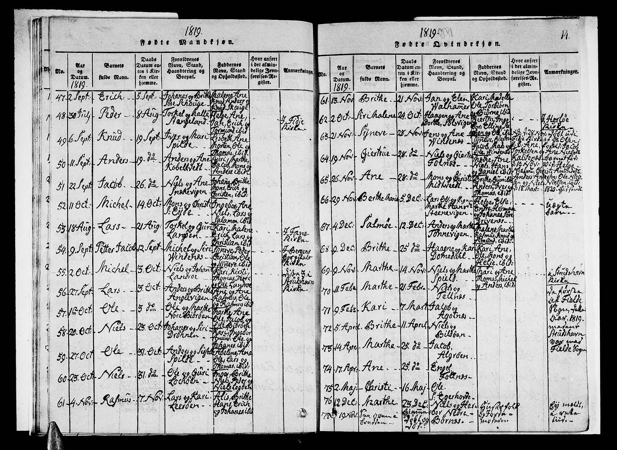 Sund sokneprestembete, AV/SAB-A-99930: Parish register (copy) no. A 1, 1816-1827, p. 14