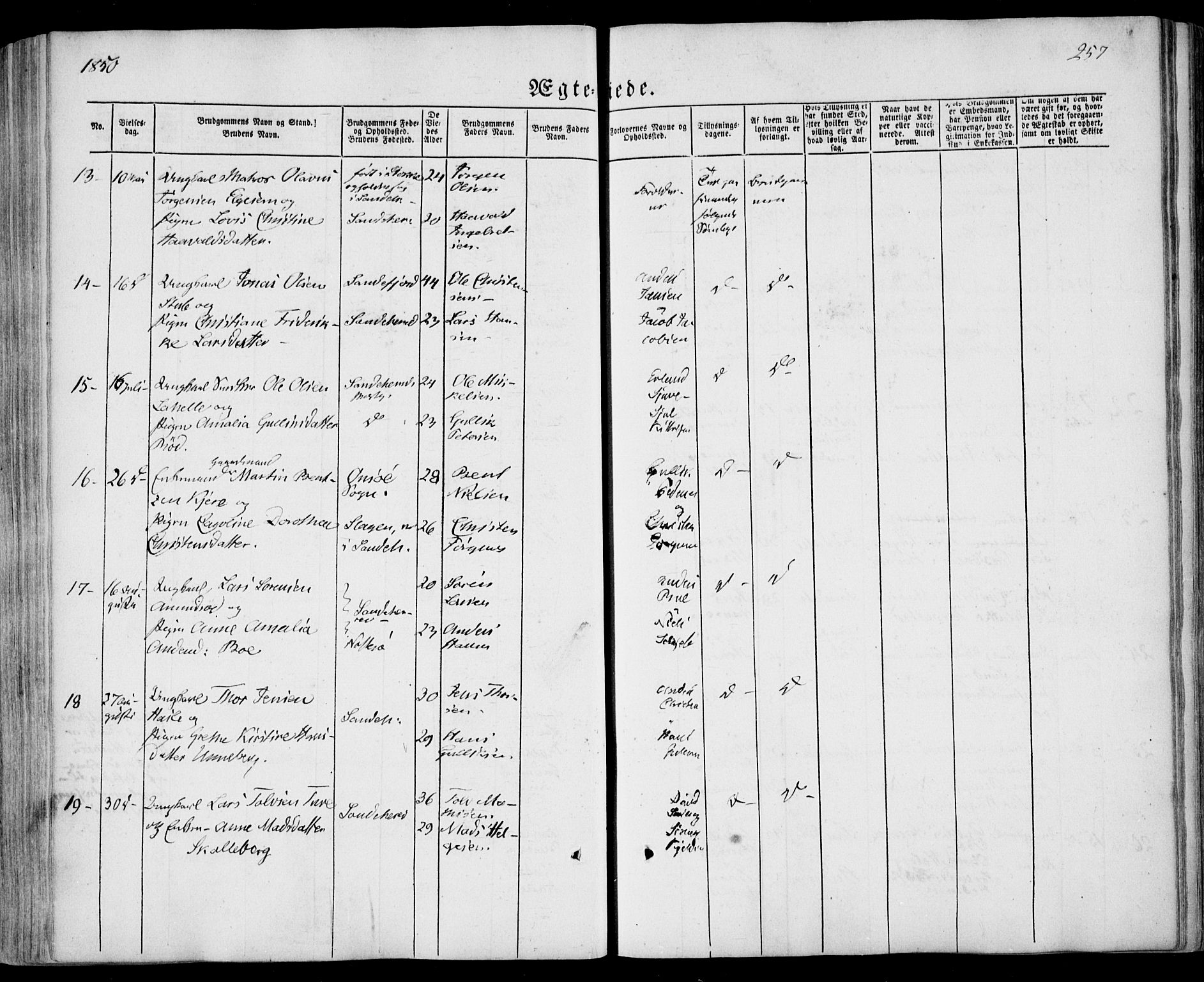 Sandar kirkebøker, SAKO/A-243/F/Fa/L0006: Parish register (official) no. 6, 1847-1860, p. 257