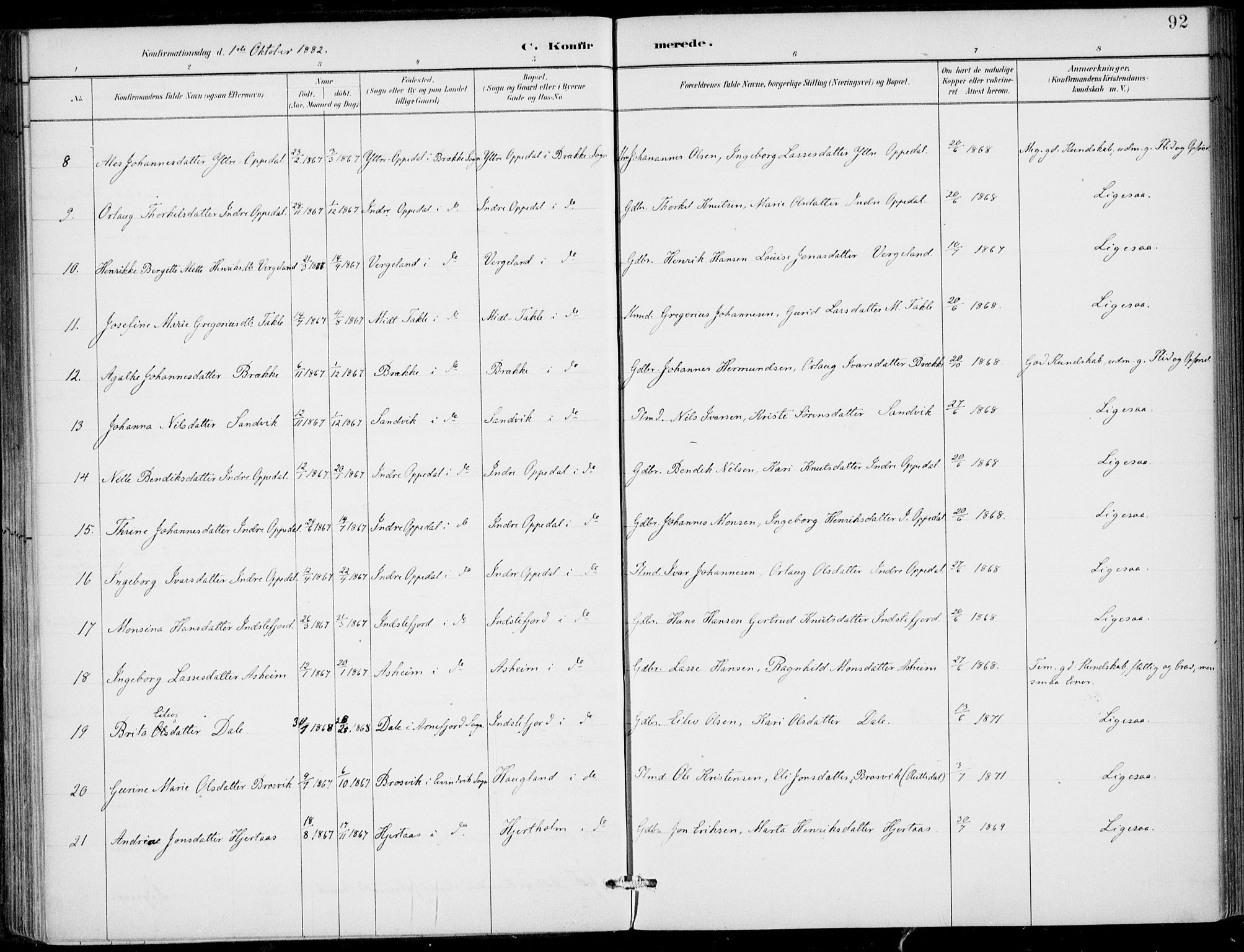 Gulen sokneprestembete, SAB/A-80201/H/Haa/Haac/L0002: Parish register (official) no. C  2, 1882-1914, p. 92