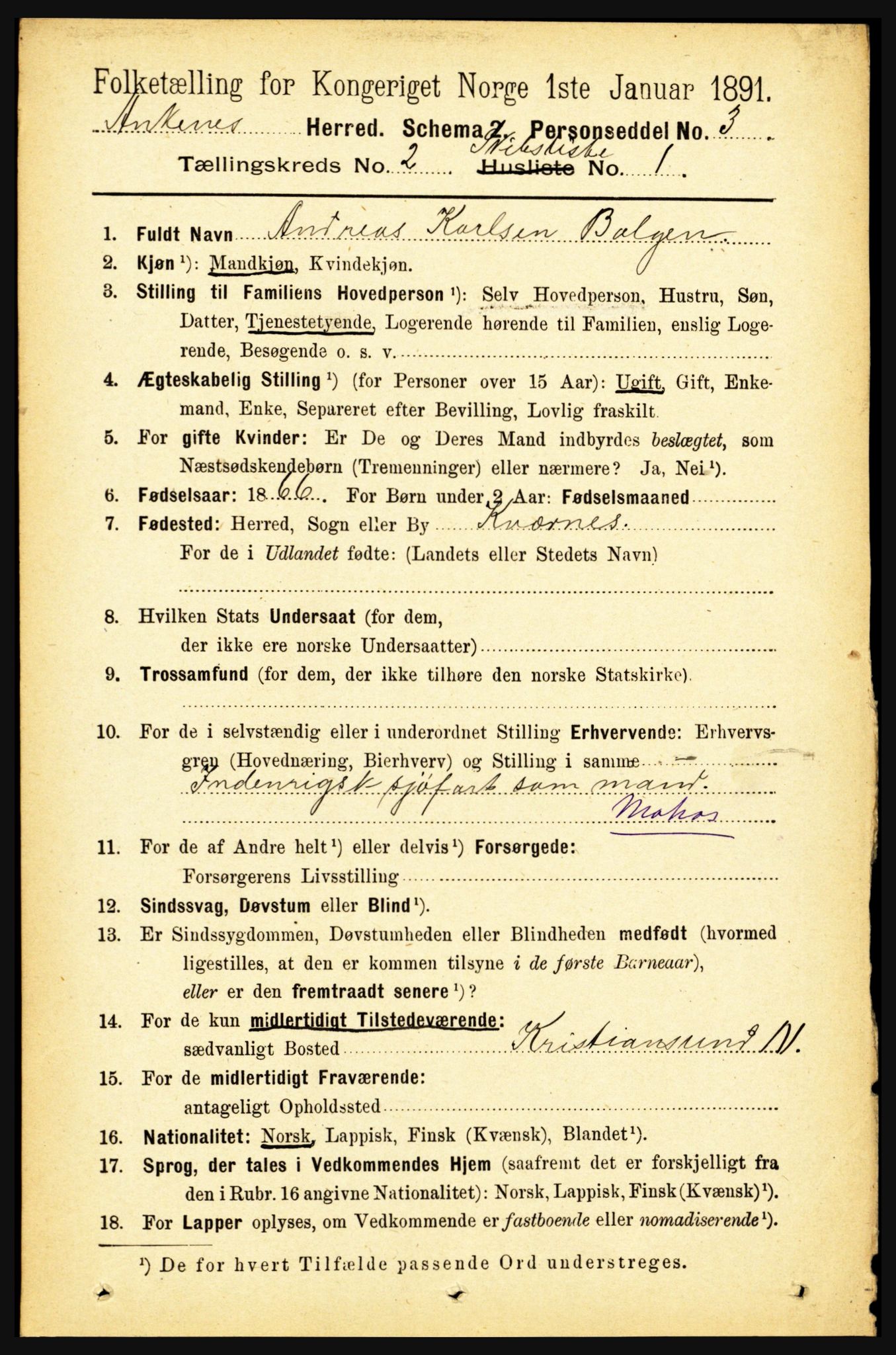 RA, 1891 census for 1855 Ankenes, 1891, p. 1401