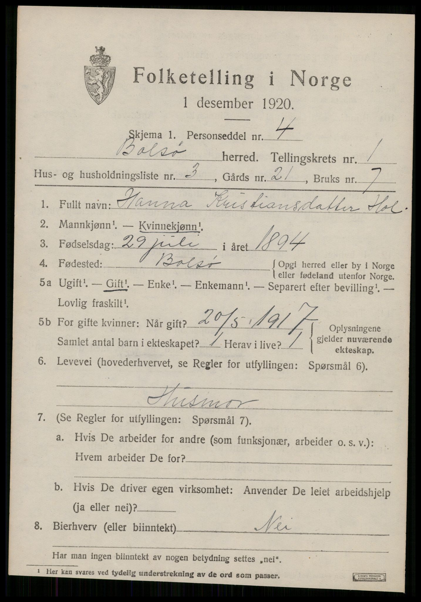 SAT, 1920 census for Bolsøy, 1920, p. 1633