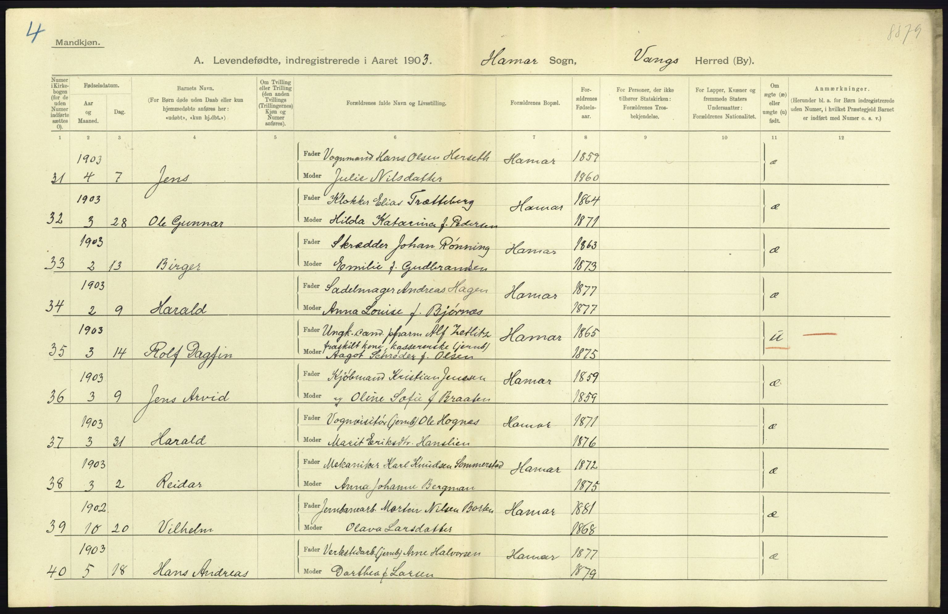 Statistisk sentralbyrå, Sosiodemografiske emner, Befolkning, AV/RA-S-2228/D/Df/Dfa/Dfaa/L0005: Hedemarkens amt: Fødte, gifte, døde, 1903, p. 717