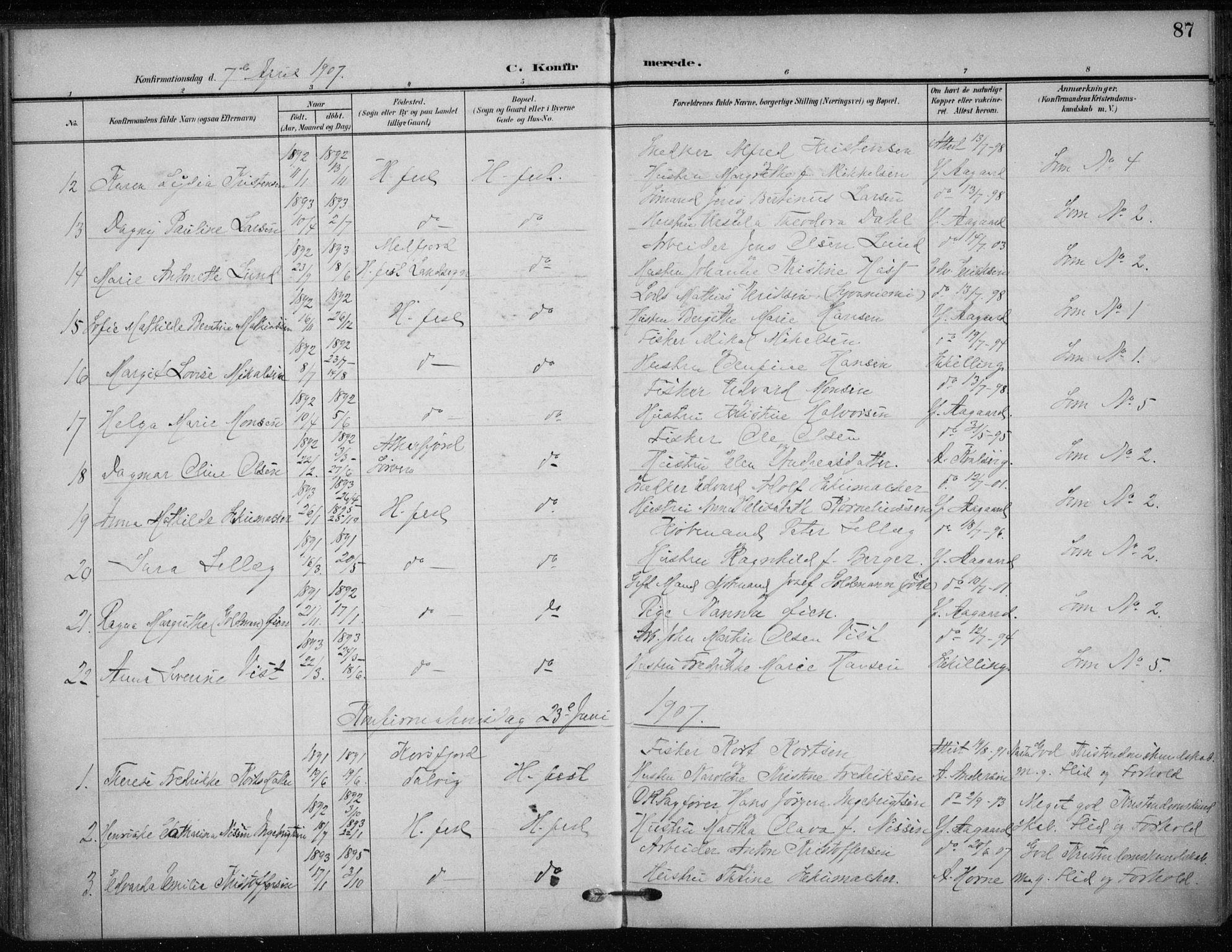 Hammerfest sokneprestkontor, AV/SATØ-S-1347/H/Ha/L0014.kirke: Parish register (official) no. 14, 1906-1916, p. 87