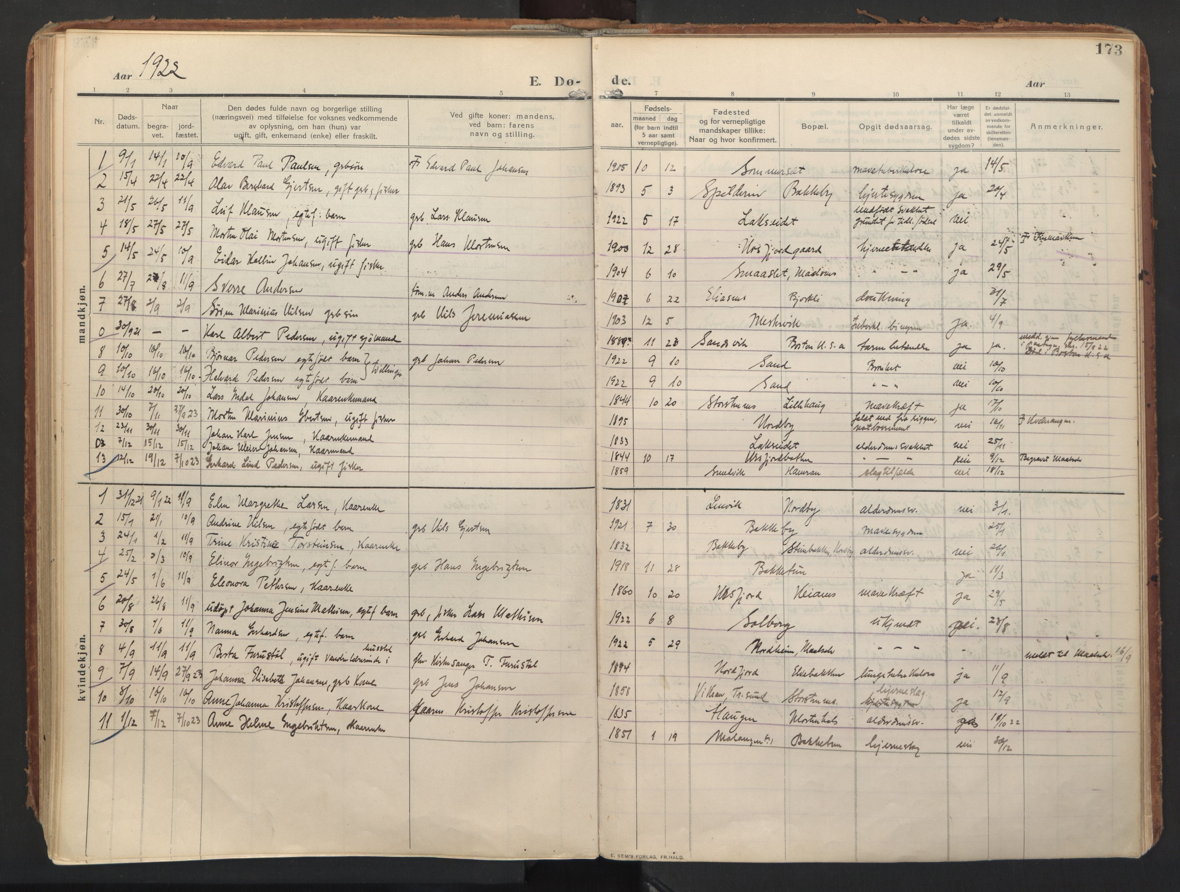 Balsfjord sokneprestembete, AV/SATØ-S-1303/G/Gaa/L0008kirke: Parish register (official) no. 8, 1910-1927, p. 173