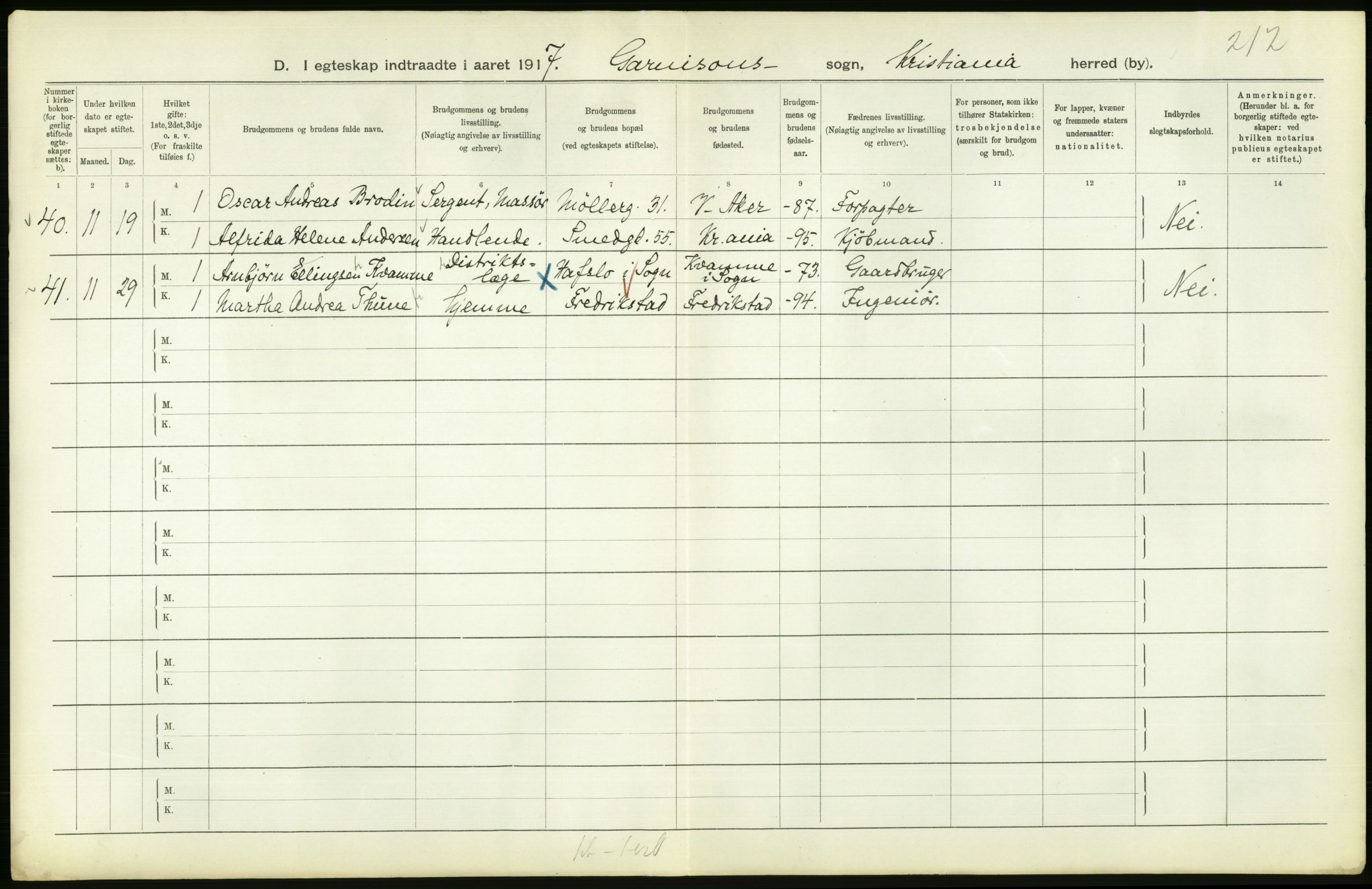 Statistisk sentralbyrå, Sosiodemografiske emner, Befolkning, AV/RA-S-2228/D/Df/Dfb/Dfbg/L0009: Kristiania: Gifte, 1917, p. 310