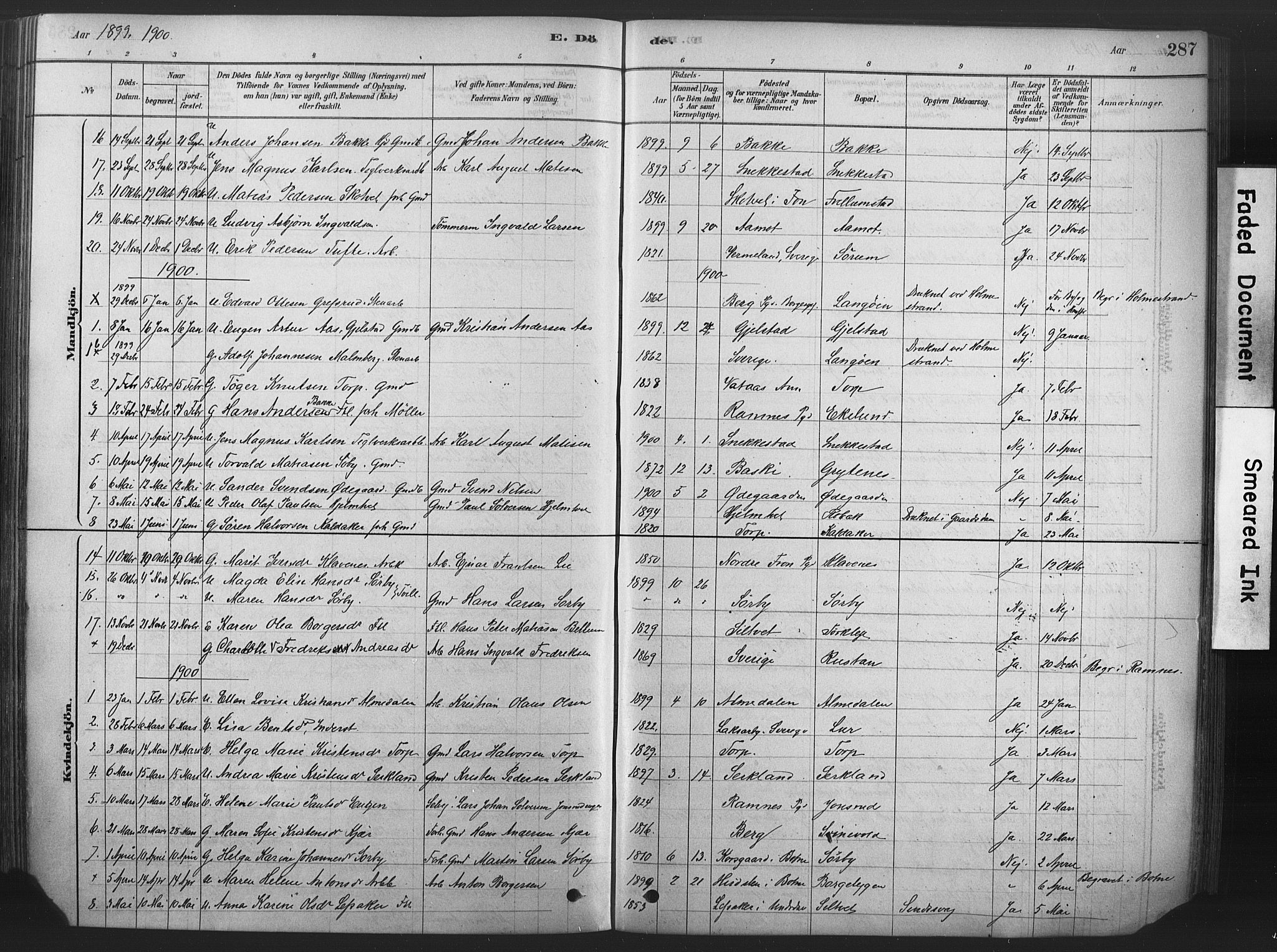 Våle kirkebøker, SAKO/A-334/F/Fa/L0011: Parish register (official) no. I 11, 1878-1906, p. 287