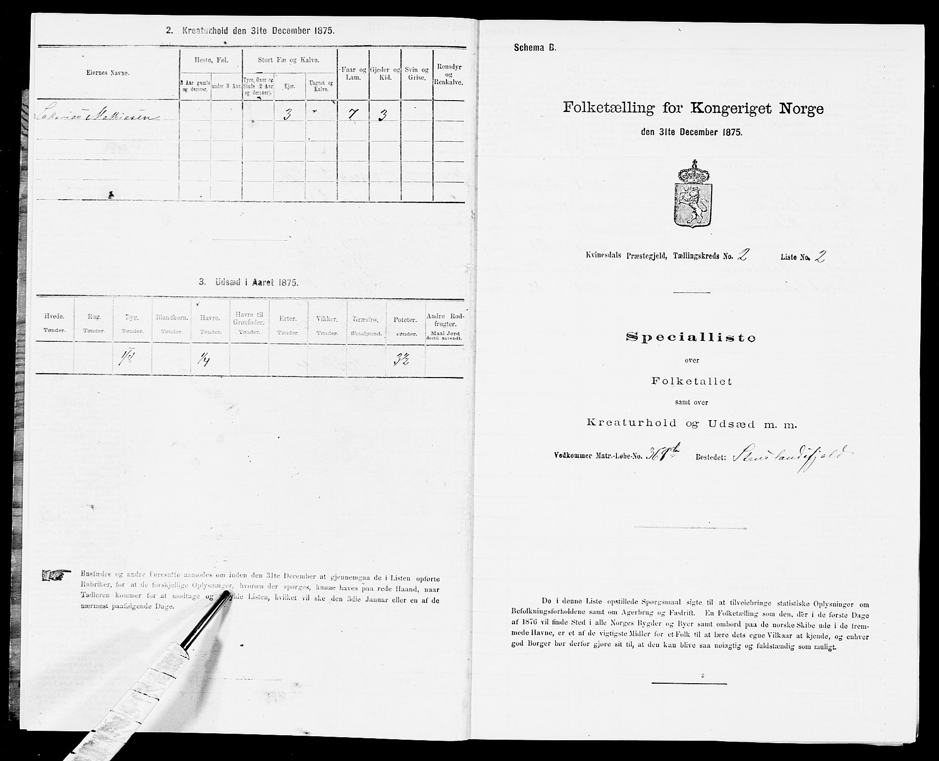 SAK, 1875 census for 1037P Kvinesdal, 1875, p. 275