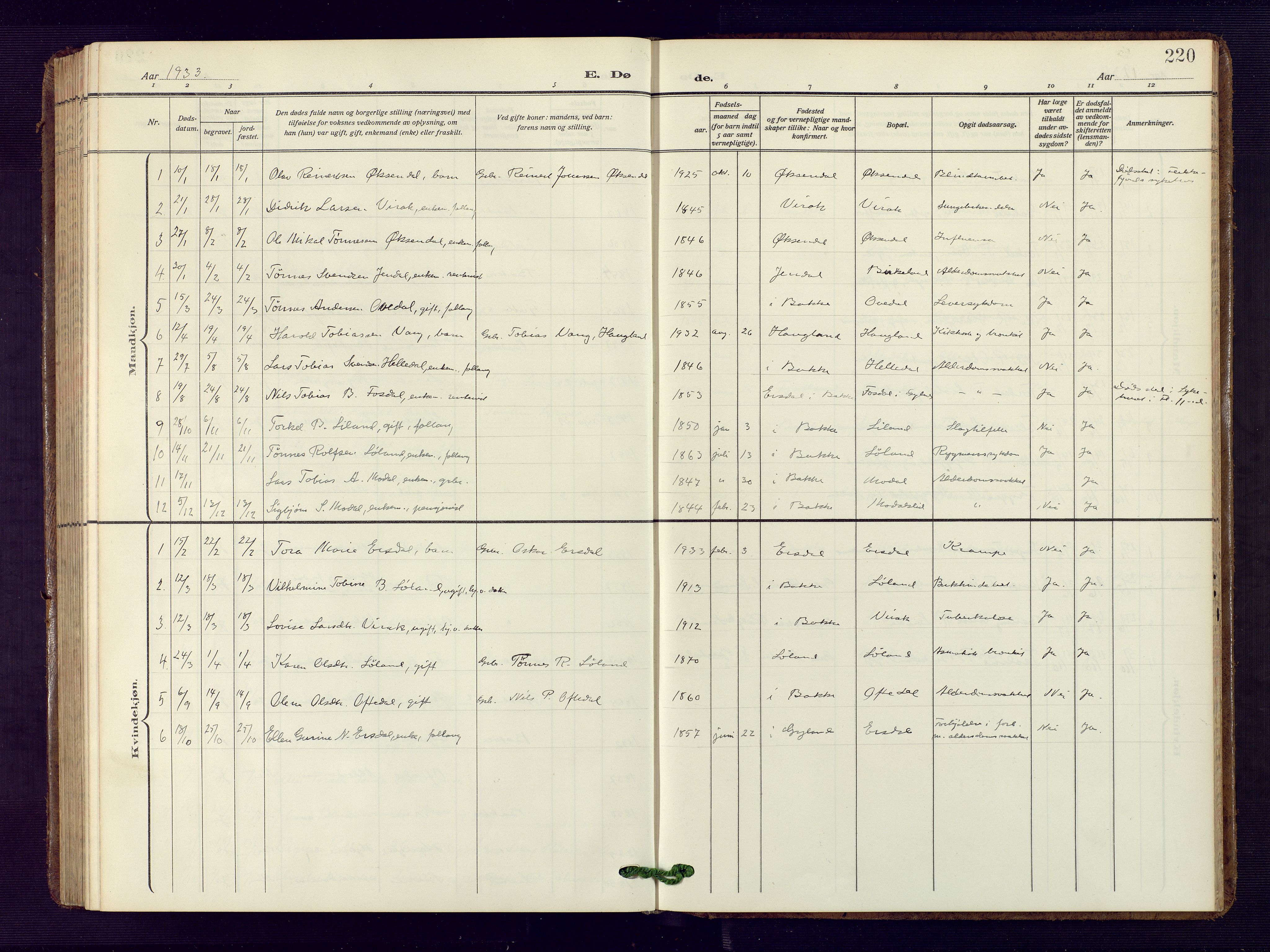 Bakke sokneprestkontor, SAK/1111-0002/F/Fb/Fba/L0004: Parish register (copy) no. B 4, 1911-1946, p. 220