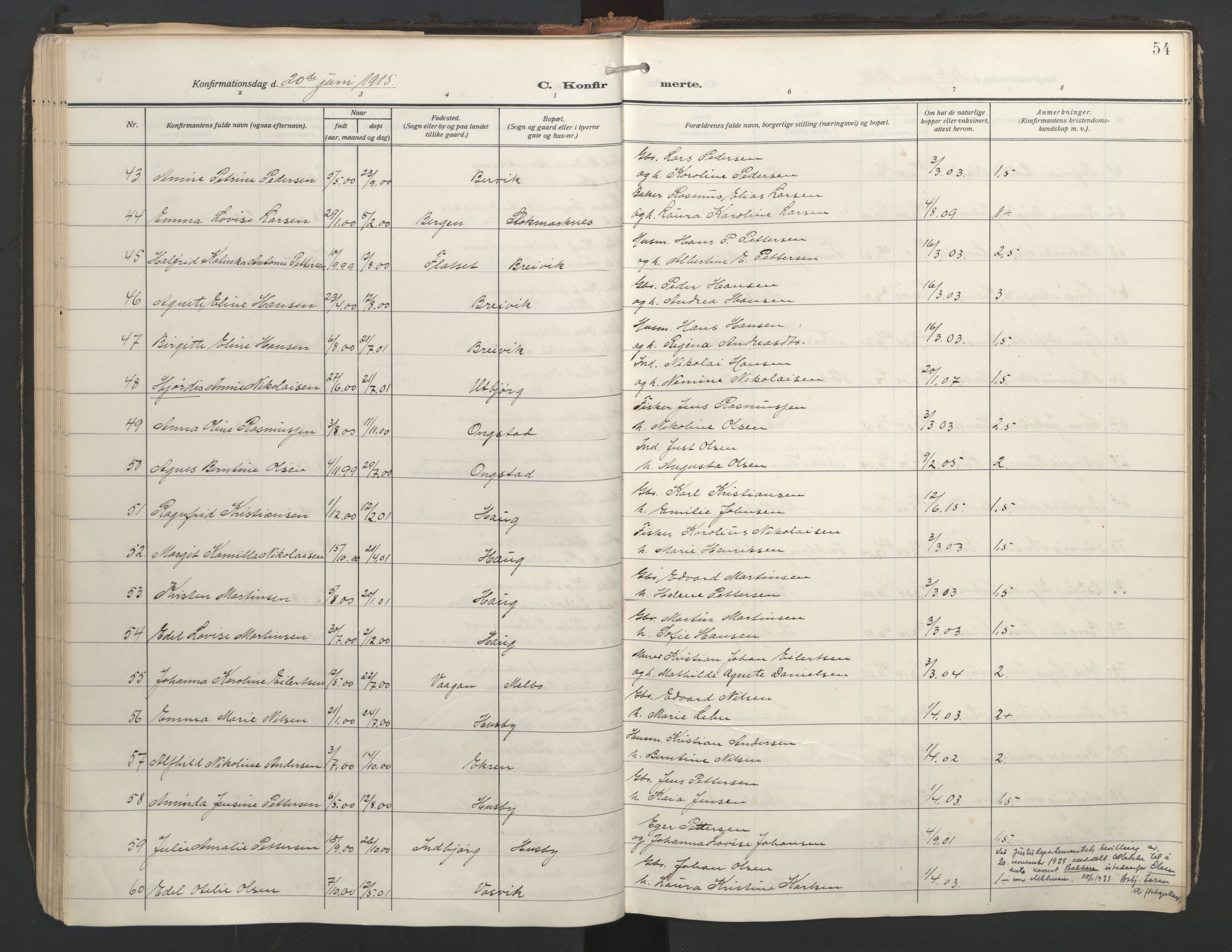 Ministerialprotokoller, klokkerbøker og fødselsregistre - Nordland, AV/SAT-A-1459/888/L1249: Parish register (official) no. 888A15, 1911-1929, p. 54