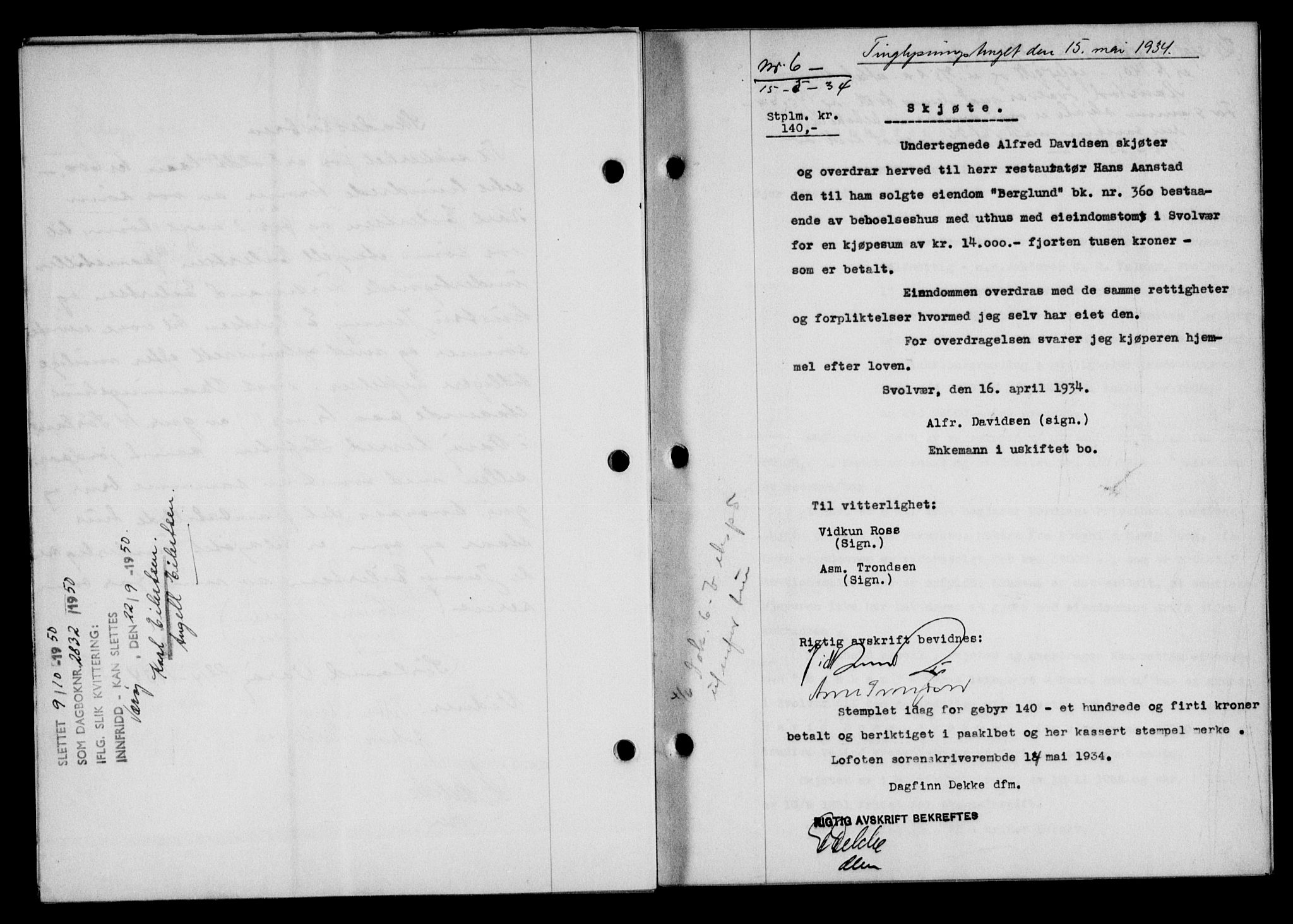 Lofoten sorenskriveri, SAT/A-0017/1/2/2C/L0029b: Mortgage book no. 29b, 1934-1934, Deed date: 15.05.1934